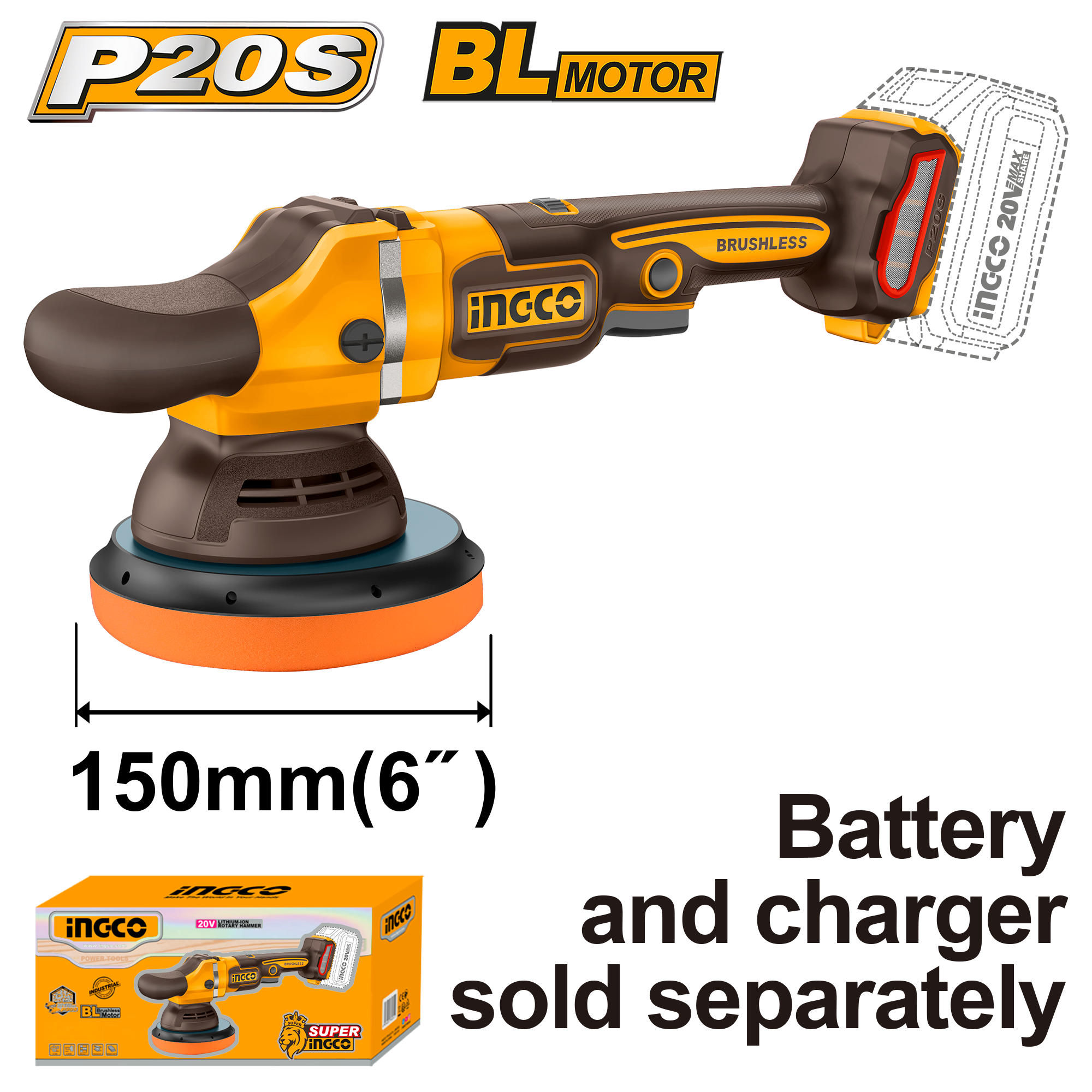 INGCO POLISHER B/L 150MM 20V PS+