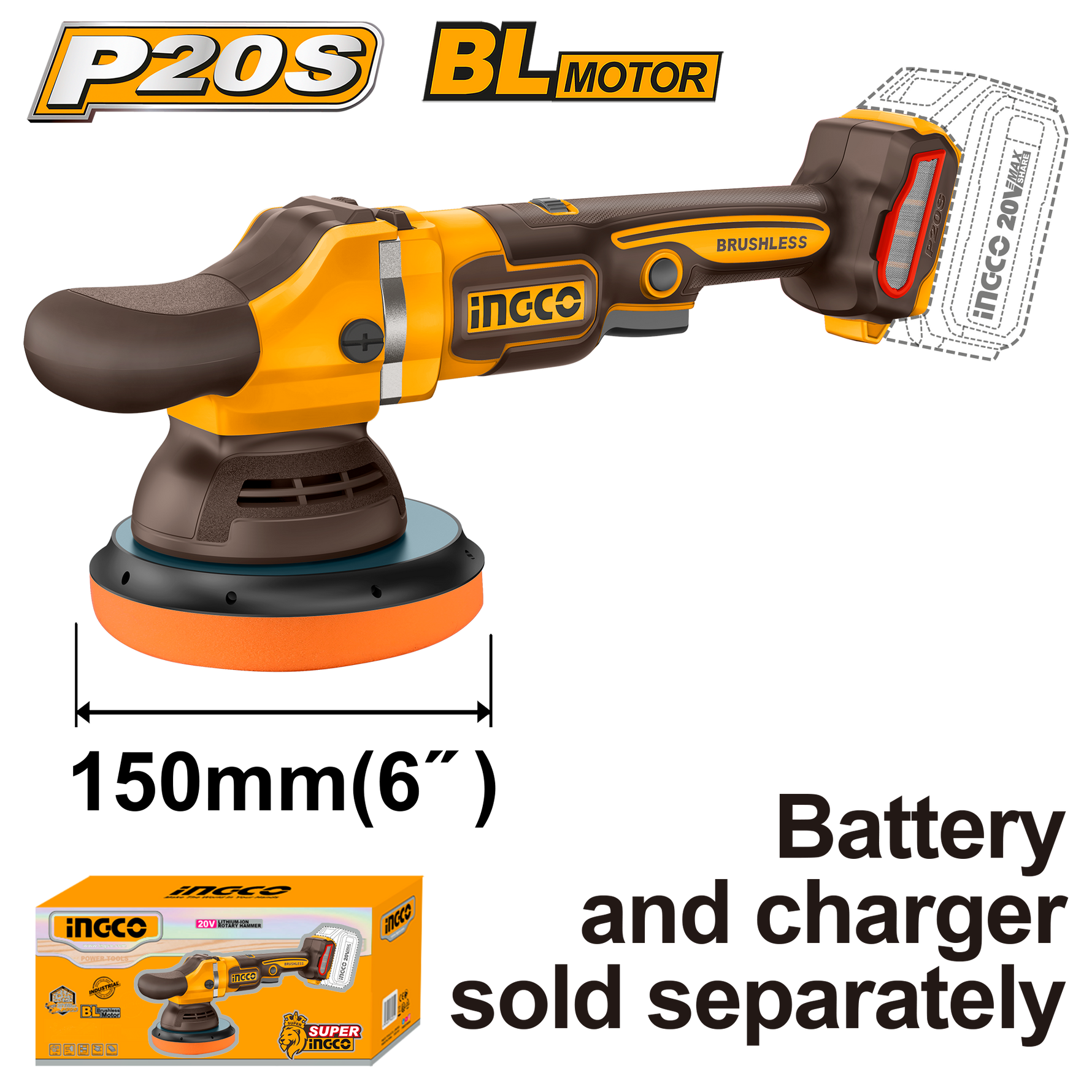 INGCO POLISHER B/L 150MM 20V PS+