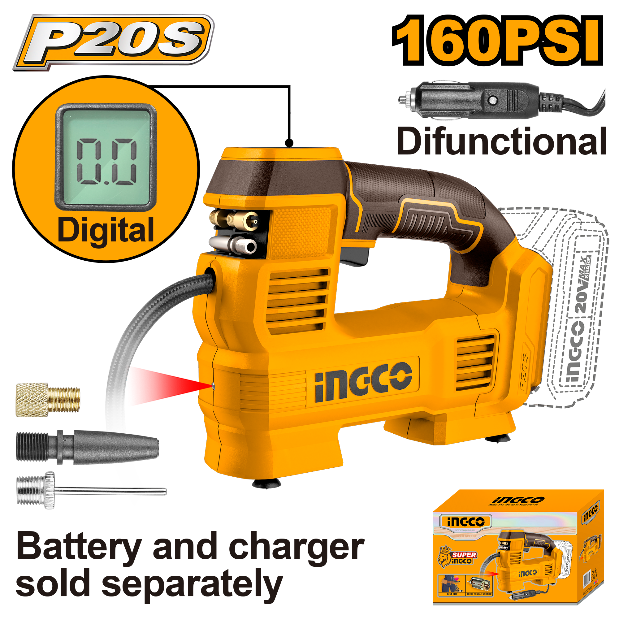 INGCO COMPRESSOR 160PSI 11BAR 20V PS+ C/L