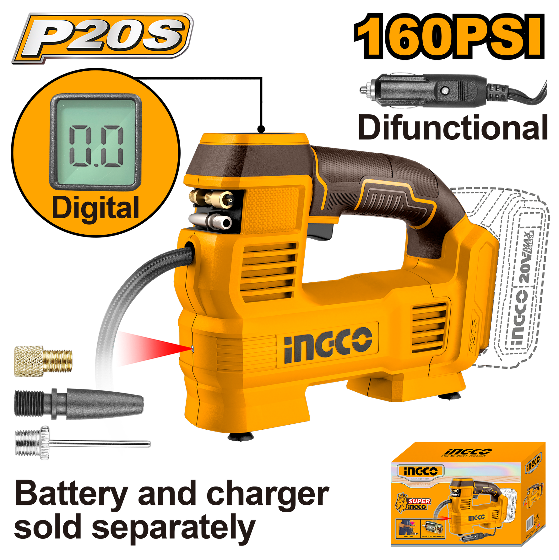 INGCO COMPRESSOR 160PSI 11BAR 20V PS+ C/L