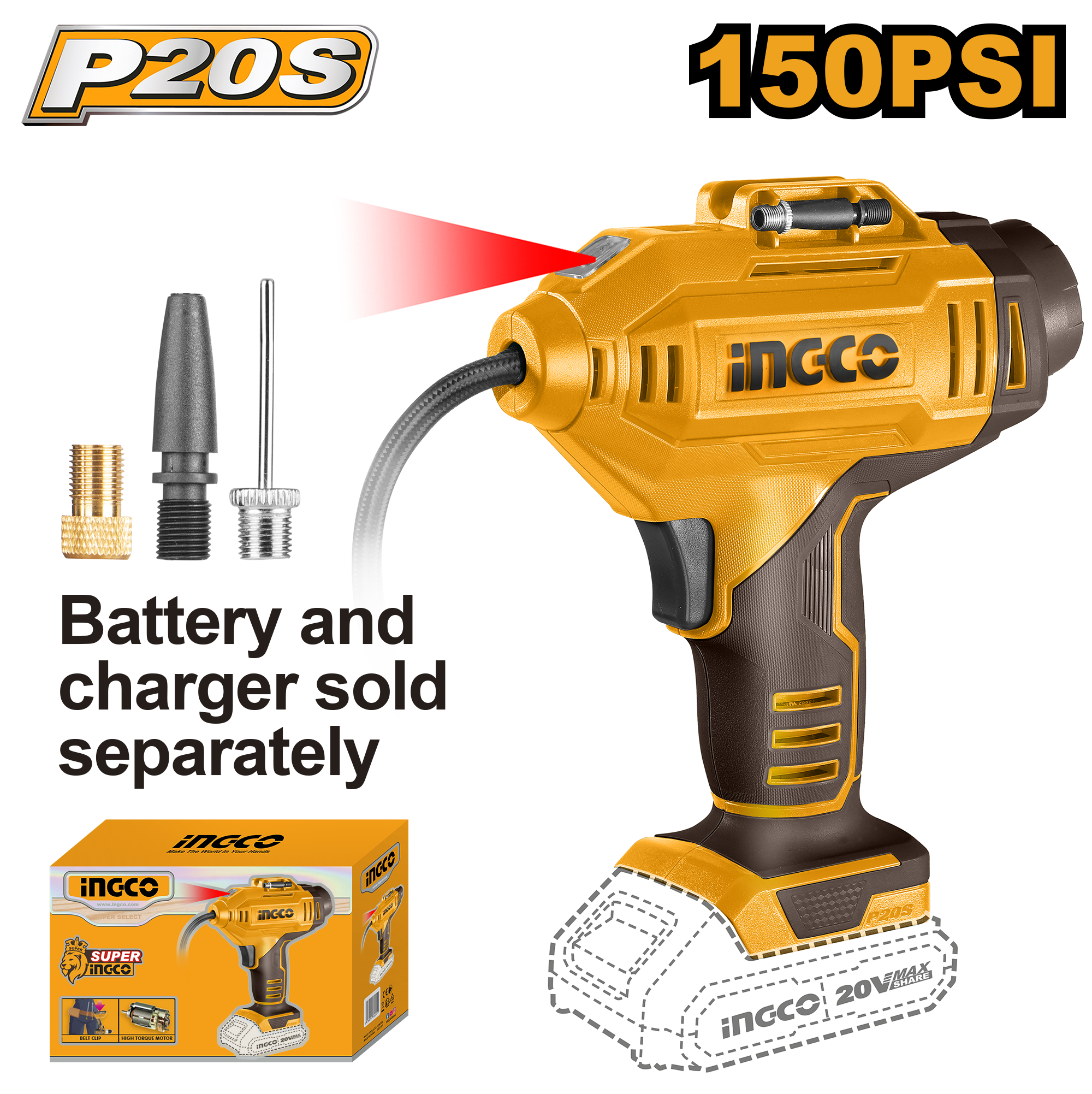 INGCO COMPRESSOR 150PSI 10.34BAR 20V PS+ C/L