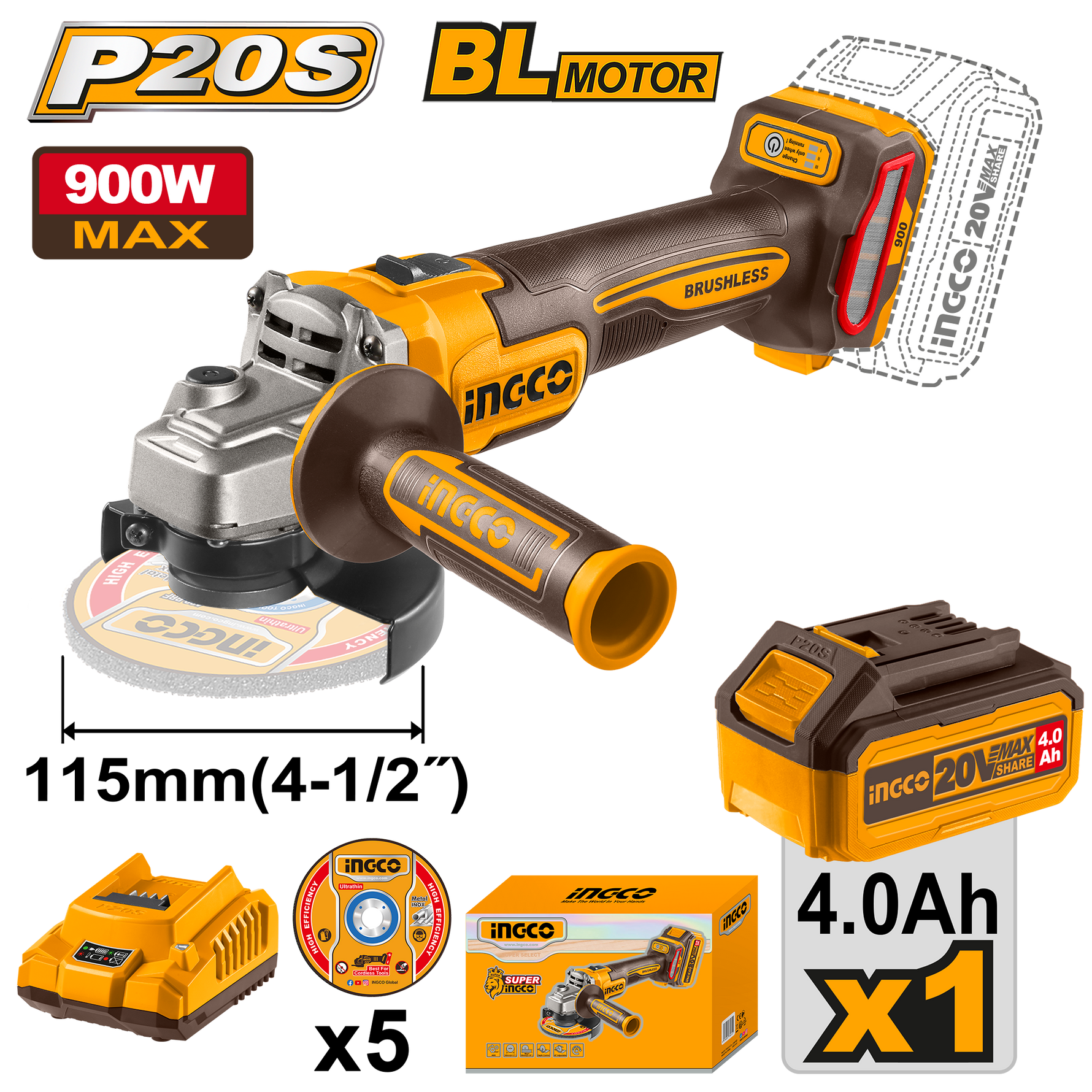INGCO GRINDER 115MM 20V PS+ C/L B/L KIT