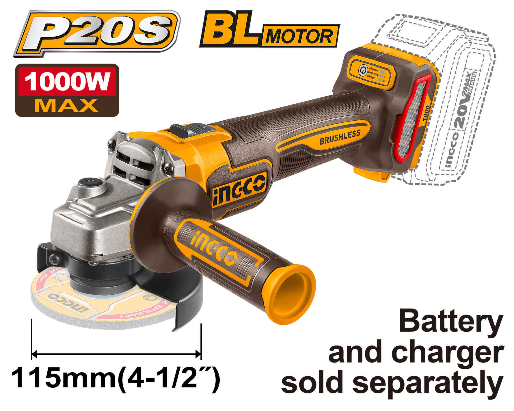 INGCO ANGLE GRINDER 1000W 20V PS+ C/L B/L