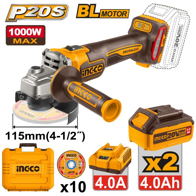 INGCO ANGLE GRINDER 1000W 20V PS+ C/L B/L BMC KIT 2BAT