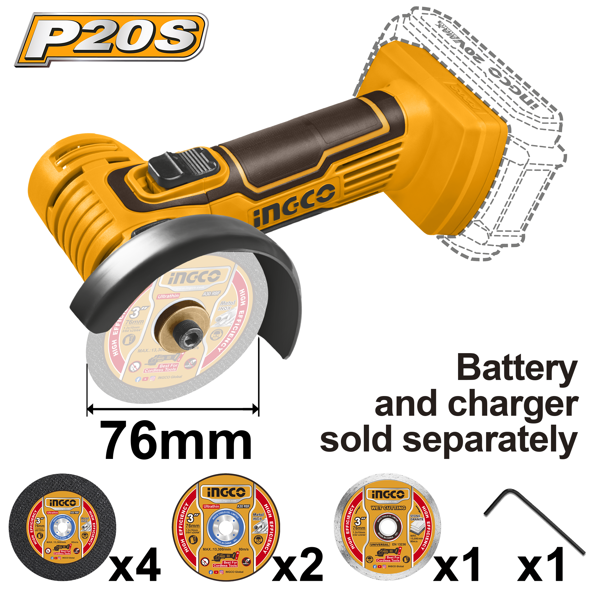 Ingco 20V 76mm 8P Cordless Grinder
