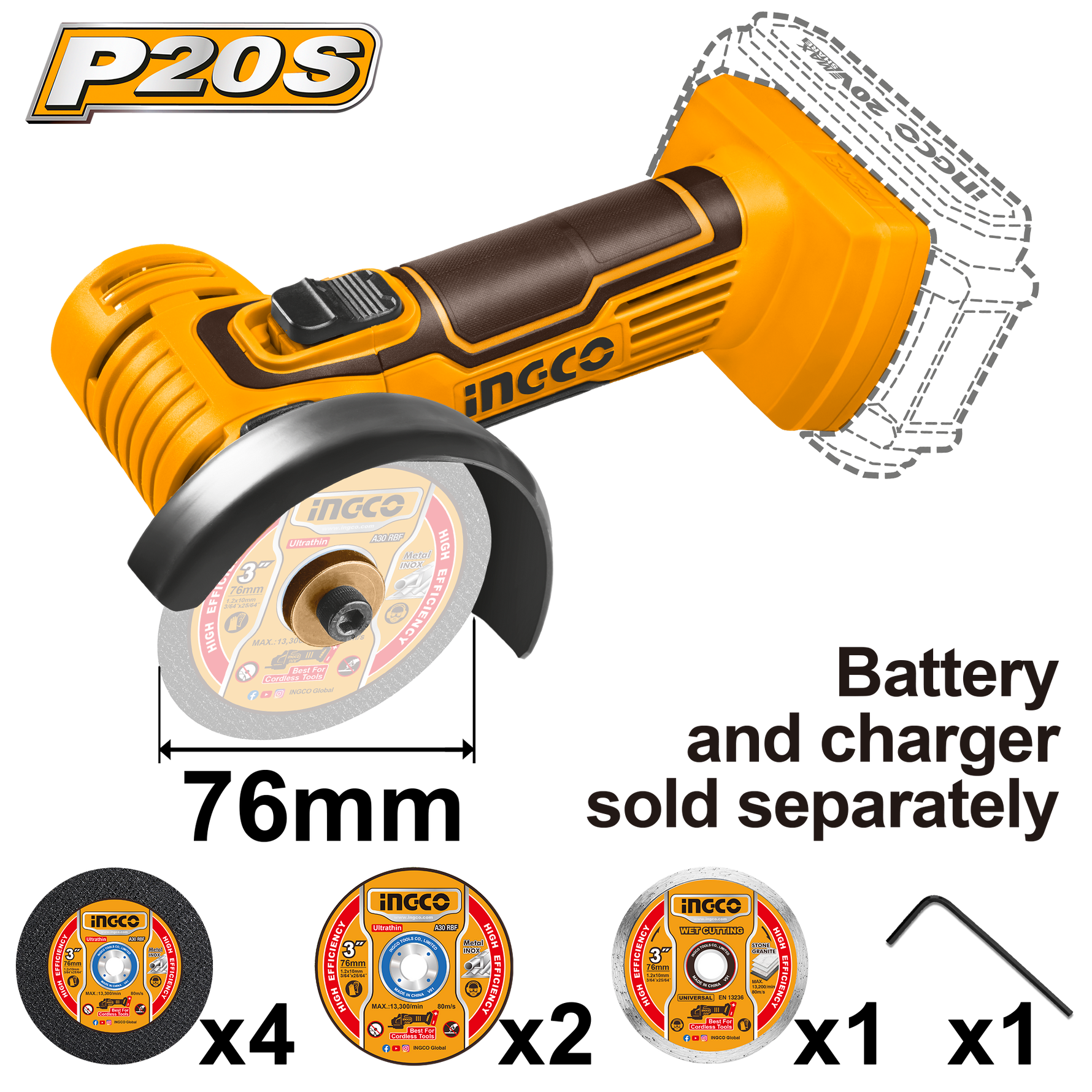 Ingco 20V 76mm 8P Cordless Grinder