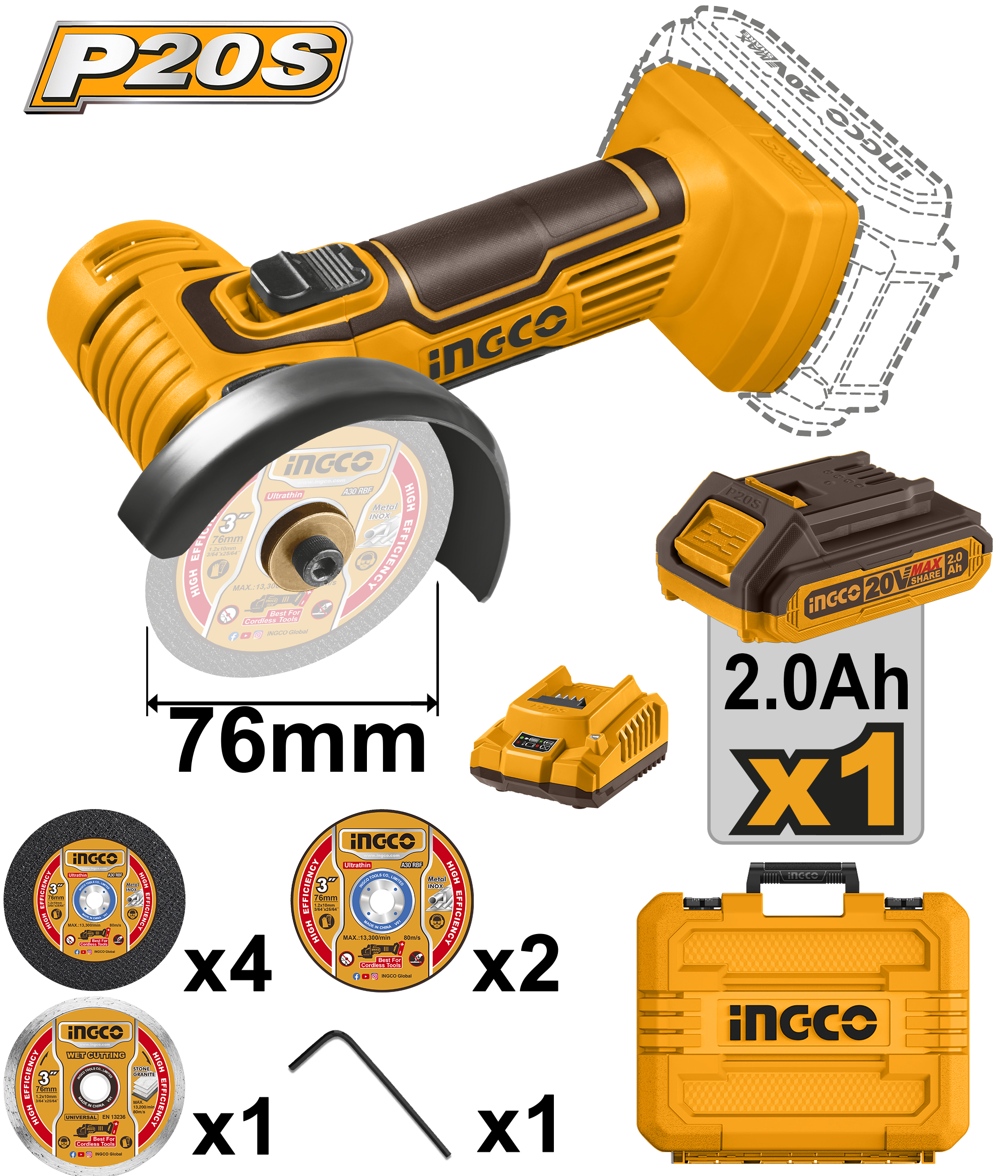 INGCO 20V 76MM Cordless Grinder KIT Incl. ACC
