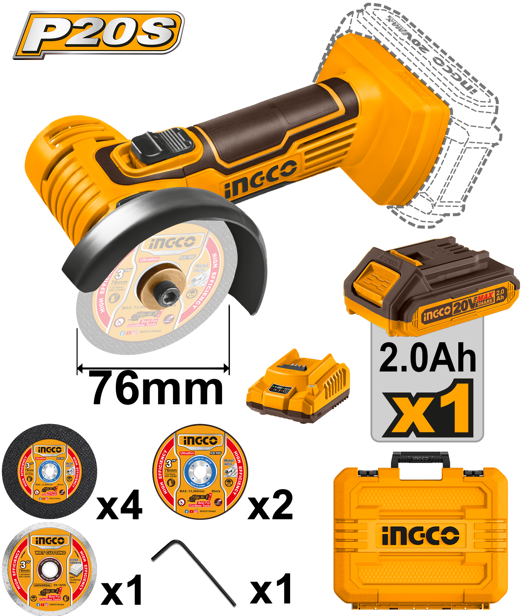 INGCO 20V 76MM Cordless Grinder KIT Incl. ACC