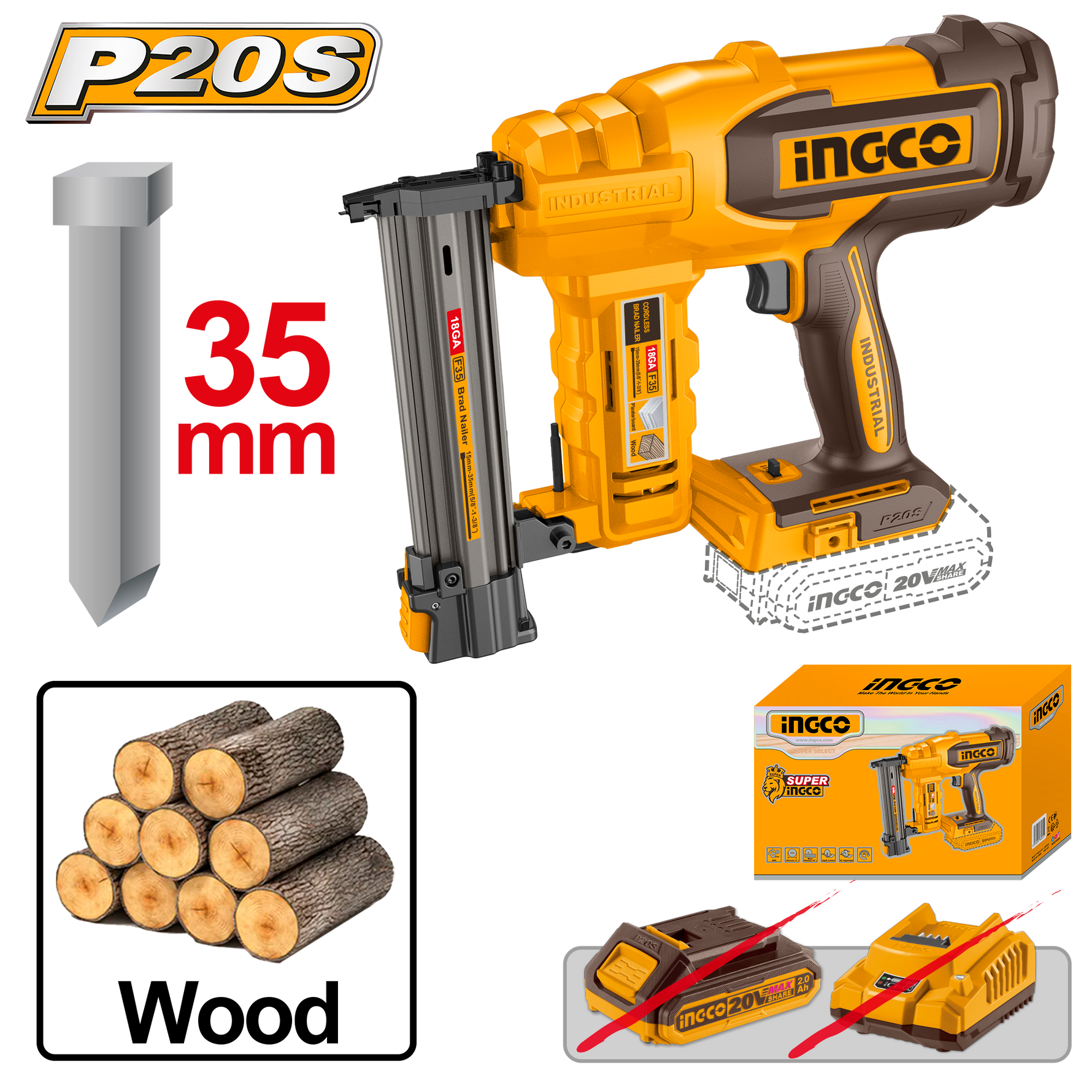 Ingco 20V Cordless Brad Nailer F15-35