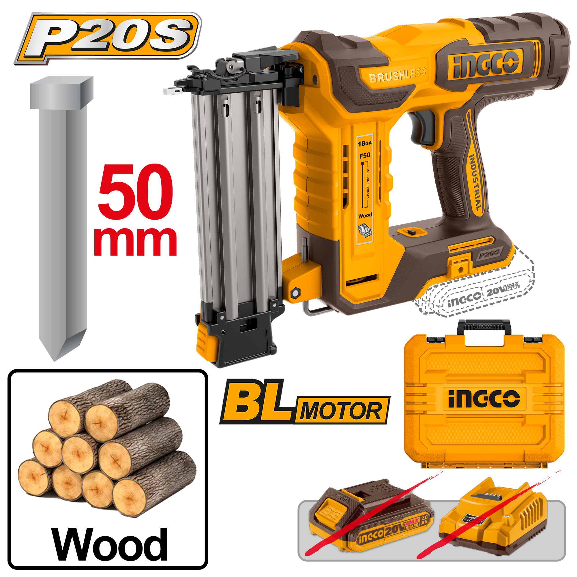 Ingco 20V Cordless Brad Nailer F15-50