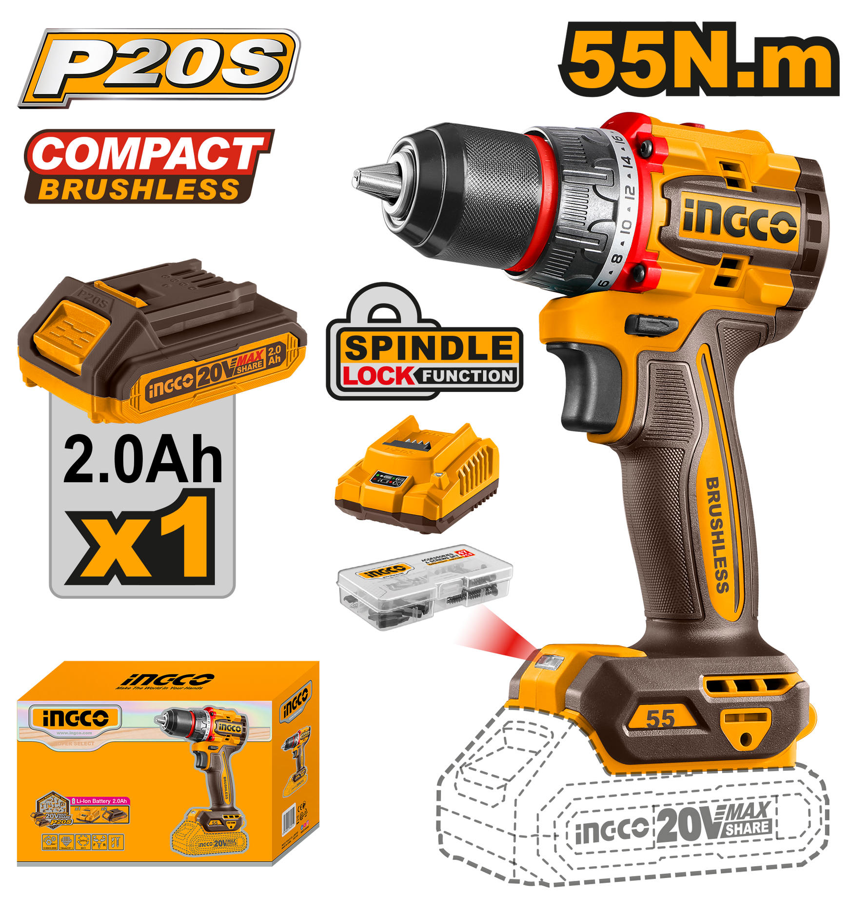 INGCO DRILL 55NM 1X2.0 AH B/C 20V PS+ C/L B/L KIT BOX