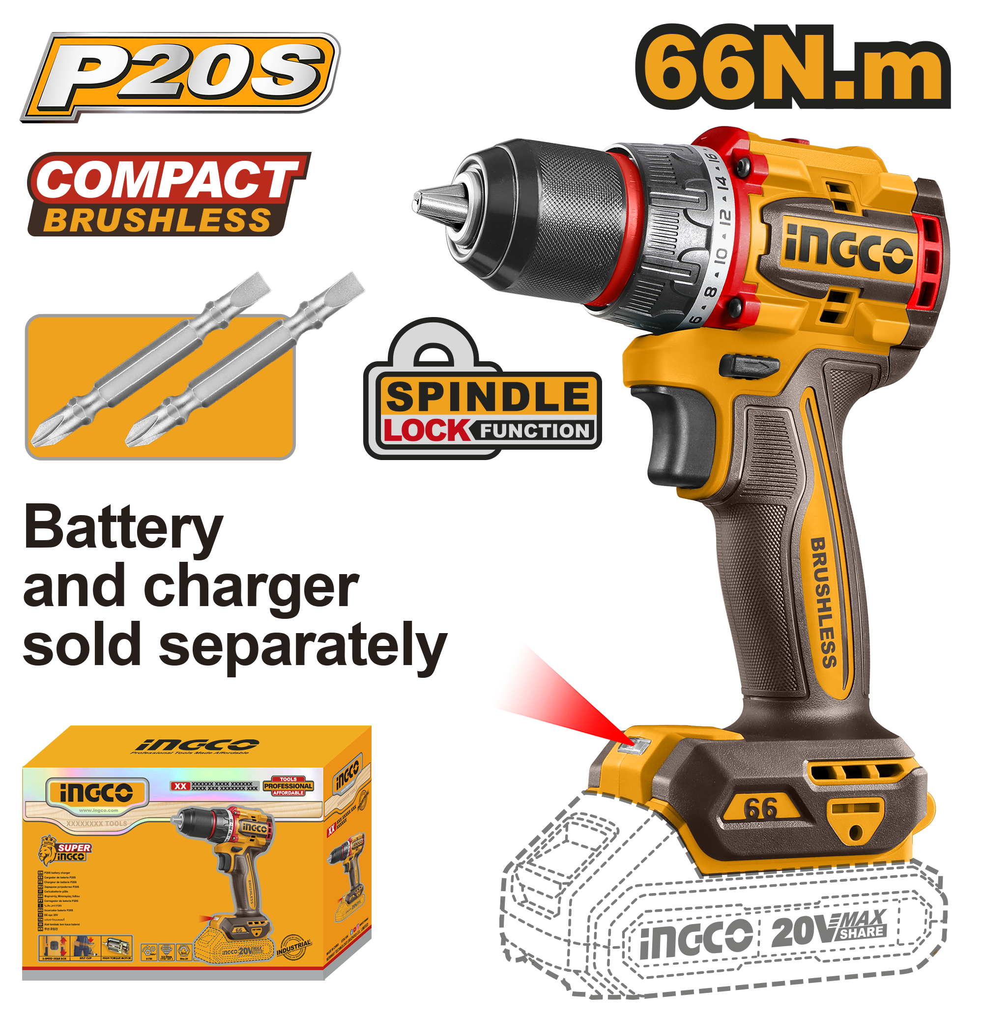 INGCO DRILL 66NM 20V PS+ C/L B/L NO B/C