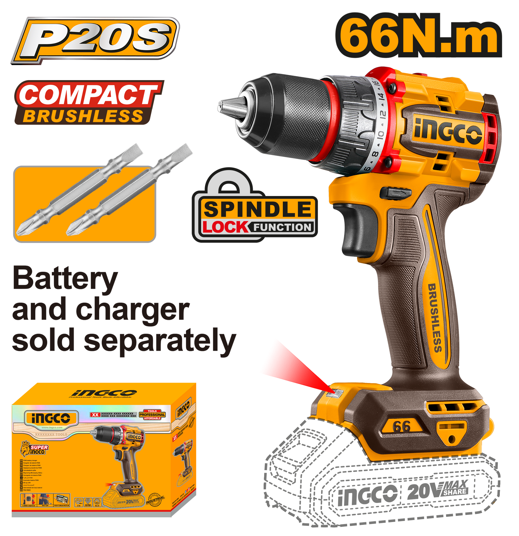 INGCO DRILL 66NM 20V PS+ C/L B/L NO B/C