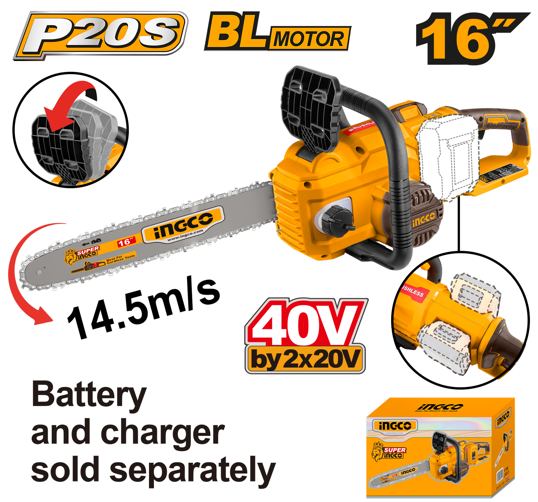 Ingco 40V Cordless 16"/400mm Chain Saw