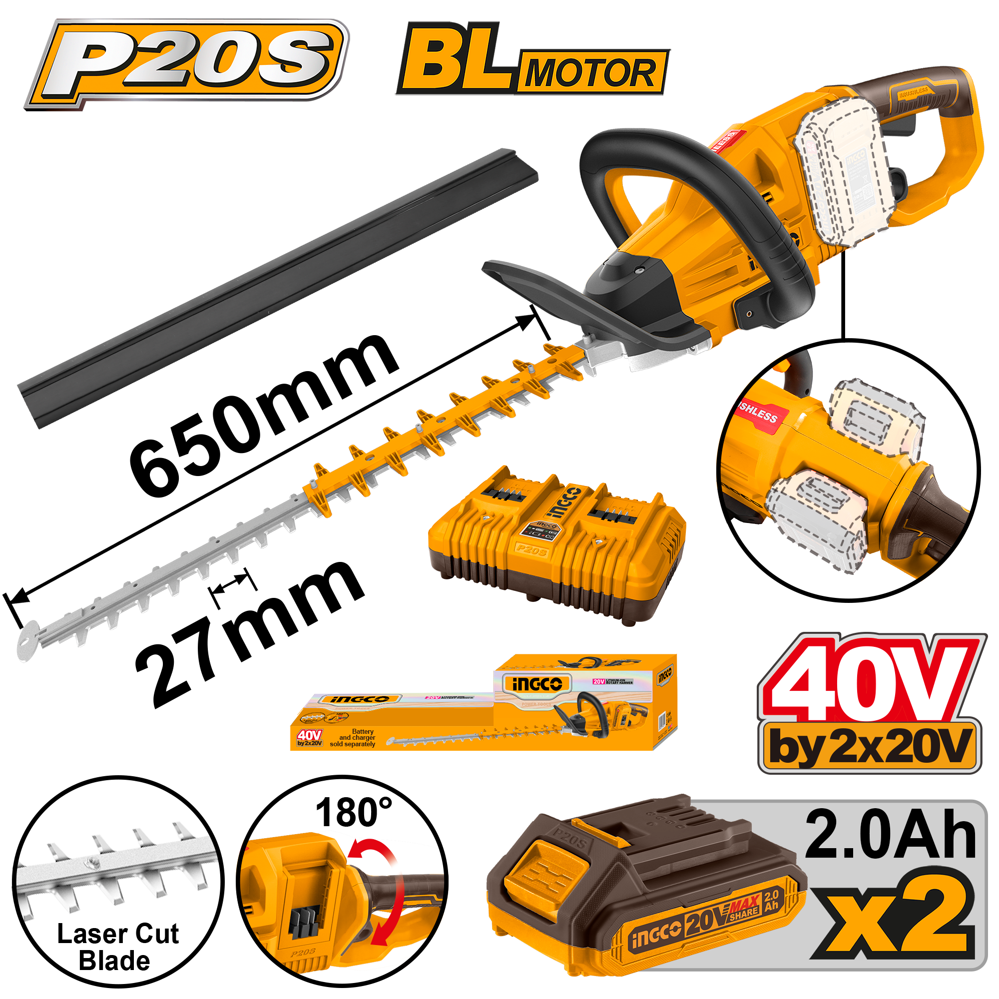 INGCO 40V HEDGE TRIMMER KIT 20V PS+ C/L