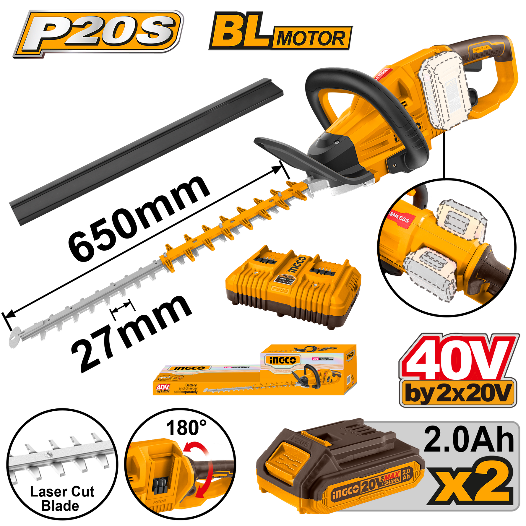 INGCO 40V HEDGE TRIMMER KIT 20V PS+ C/L