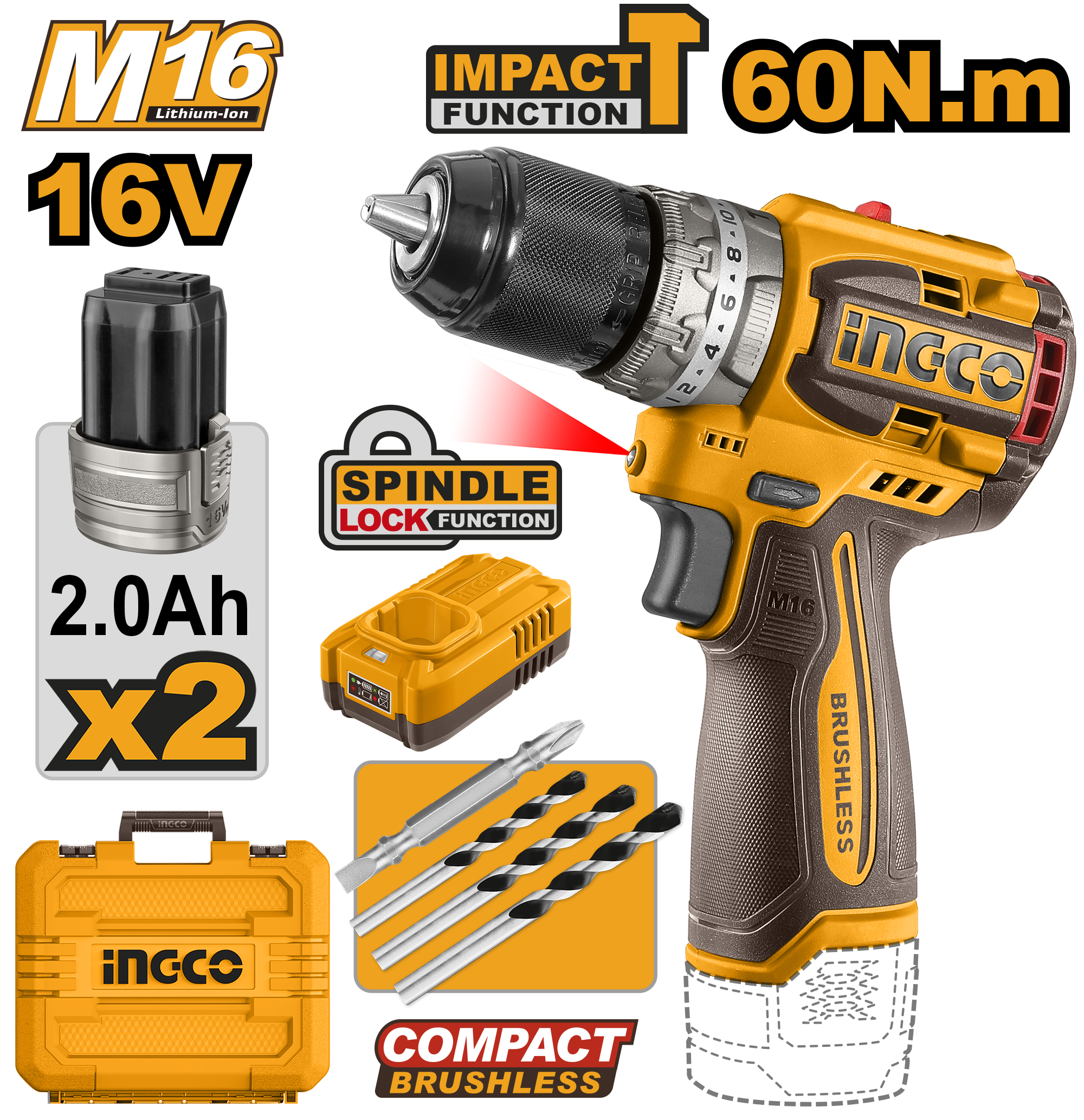 INGCO DRILL 60NM 16V PS+ C/L B/L KIT IN CASE