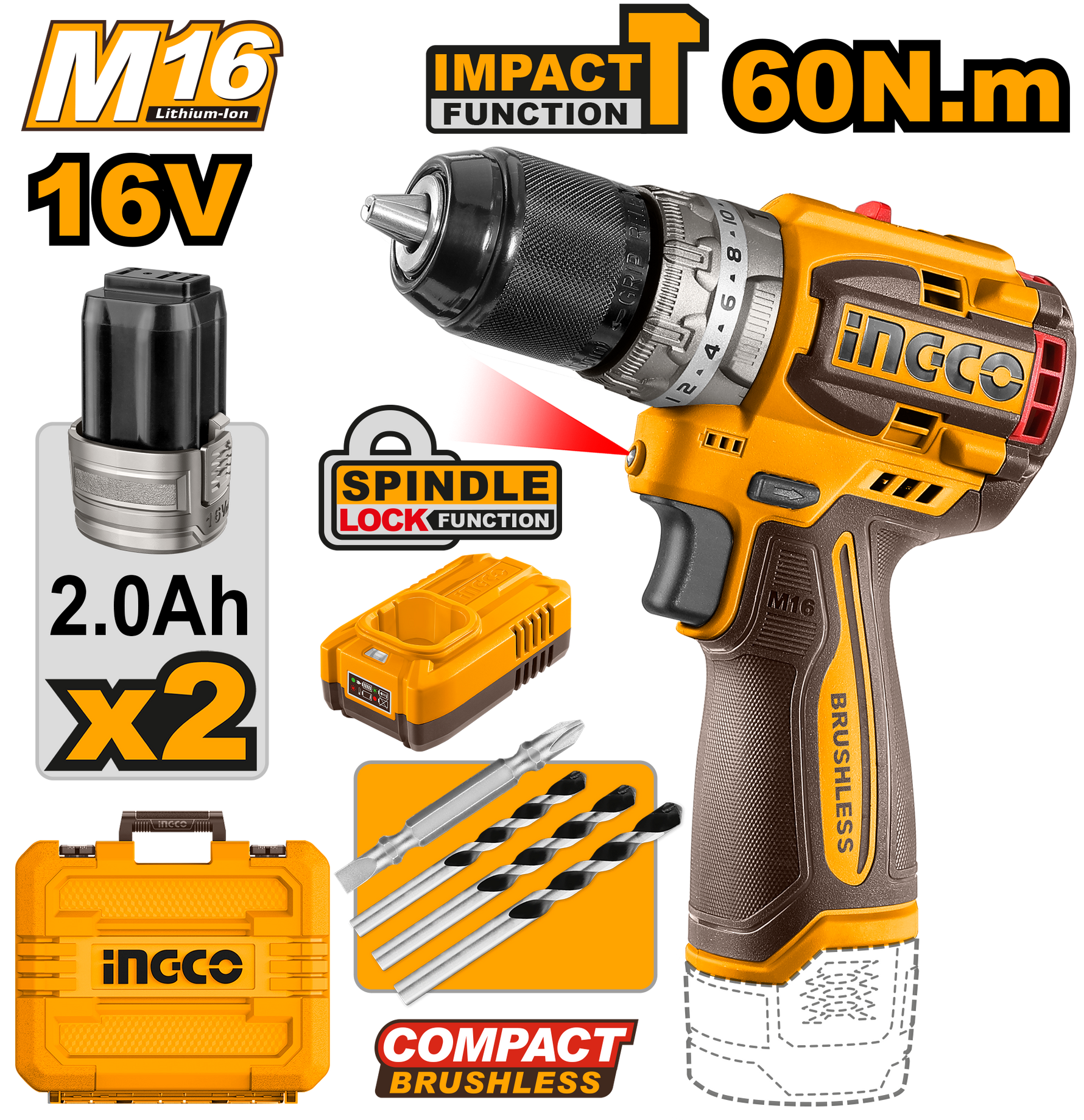INGCO DRILL 60NM 16V PS+ C/L B/L KIT IN CASE