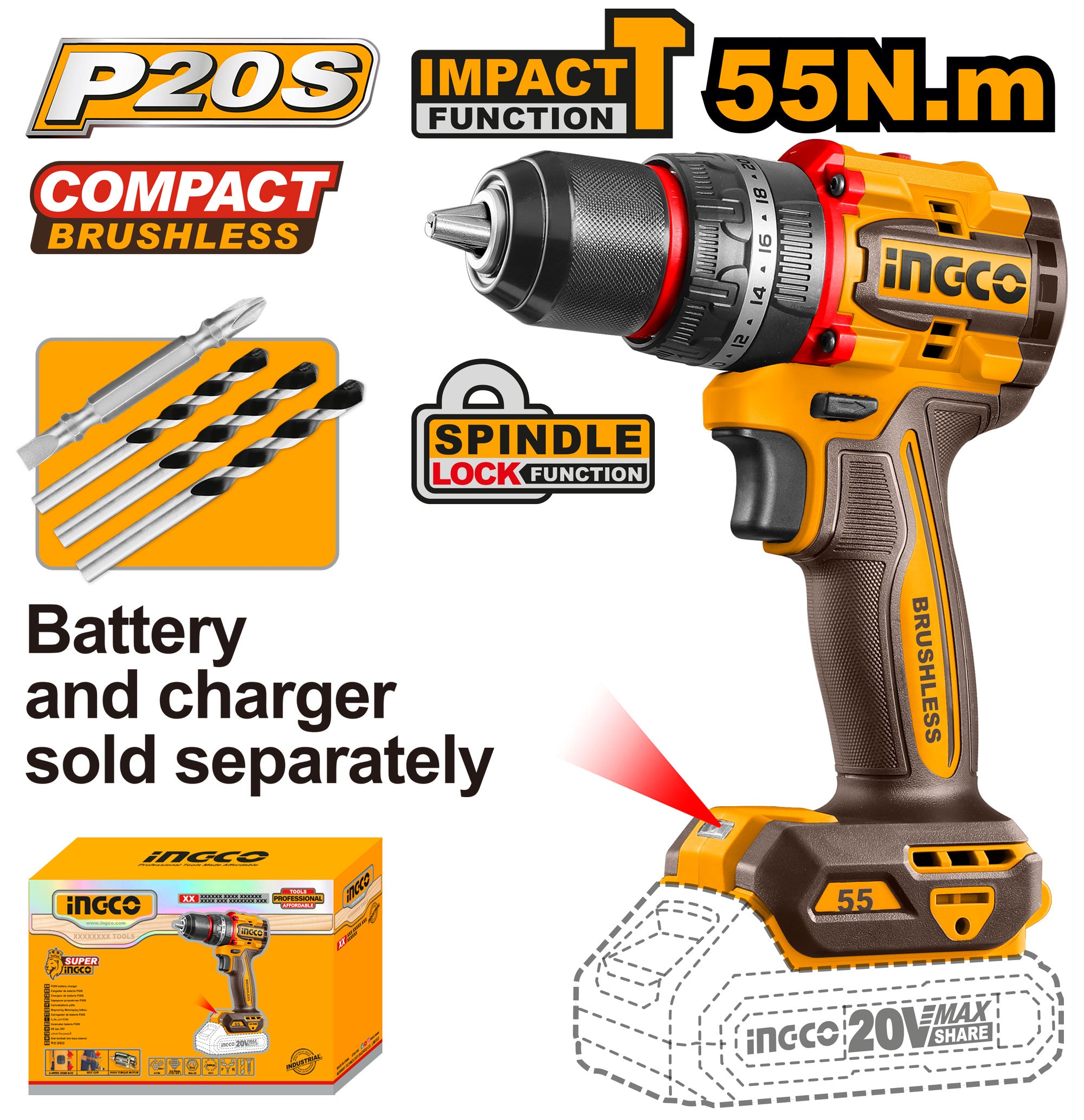 Ingco 55NM Cordless and Brushless Impact Drill Kit