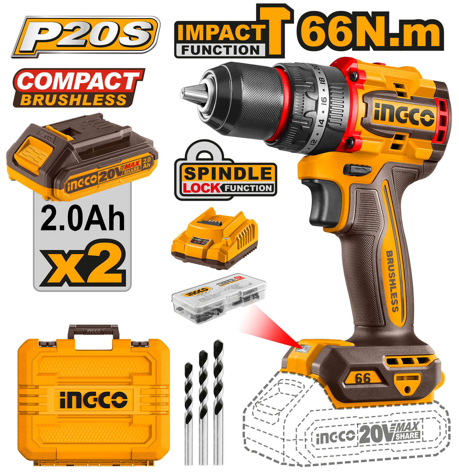 INGCO DRILL B/L 66NM IMPACT KIT +ACC 20V PS+ C/L