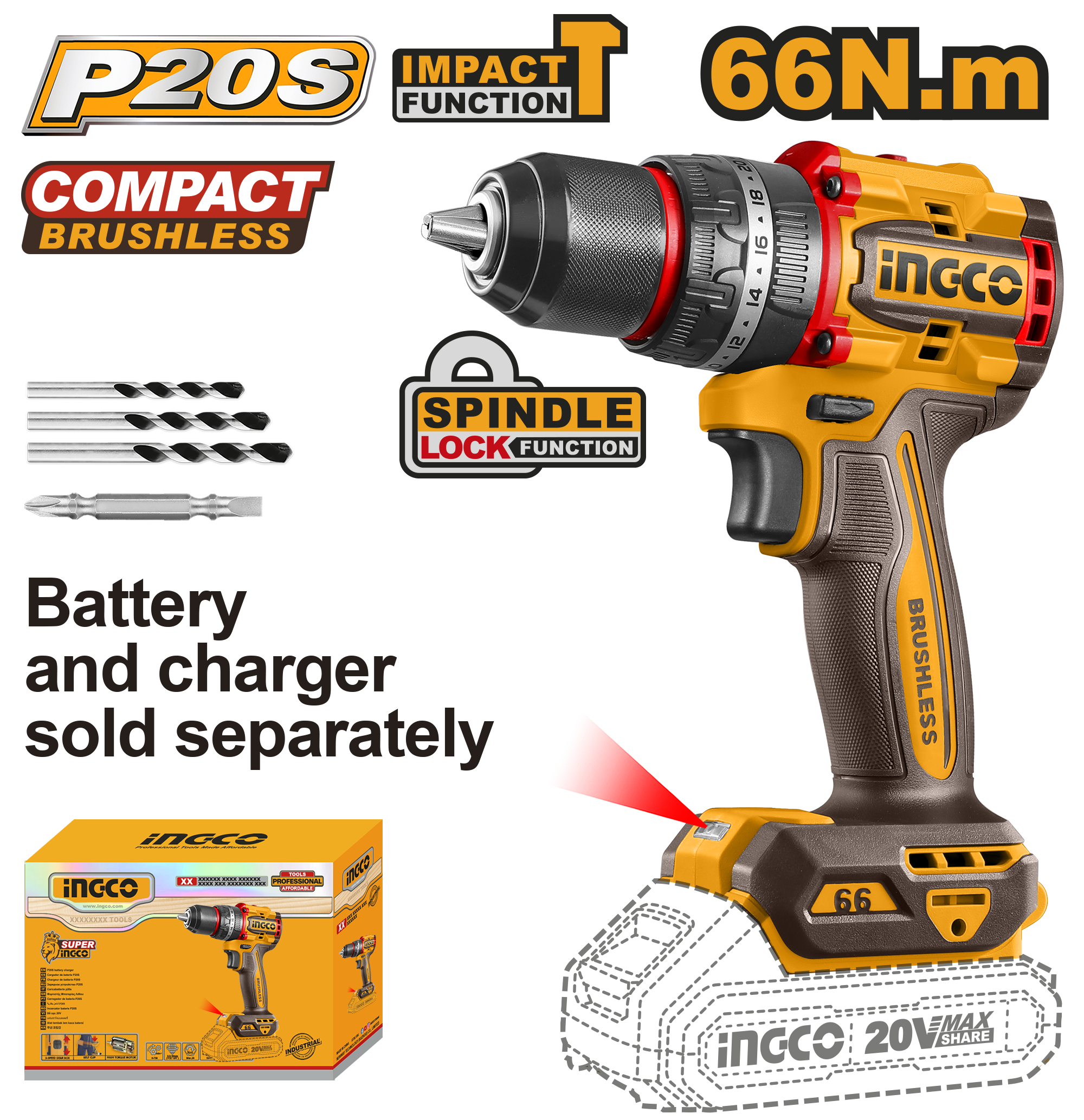 INGCO DRILL B/LESS 66NM IMP + ACC 20V PS+ C/L