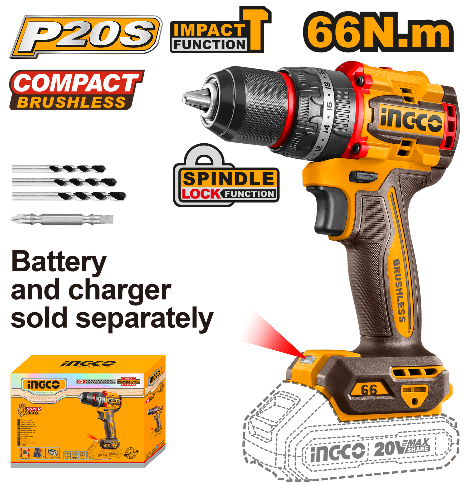 INGCO DRILL B/LESS 66NM IMP + ACC 20V PS+ C/L