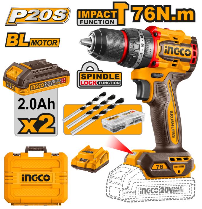 INGCO DRILL IMPACT 76NM 20V PS+ C/L KIT
