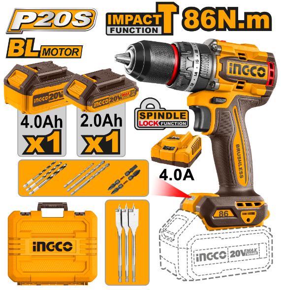 INGCO DRILL IMPACT 86NM 2AH+4AH B/C 20V PS+ C/L B/L  KIT CASE