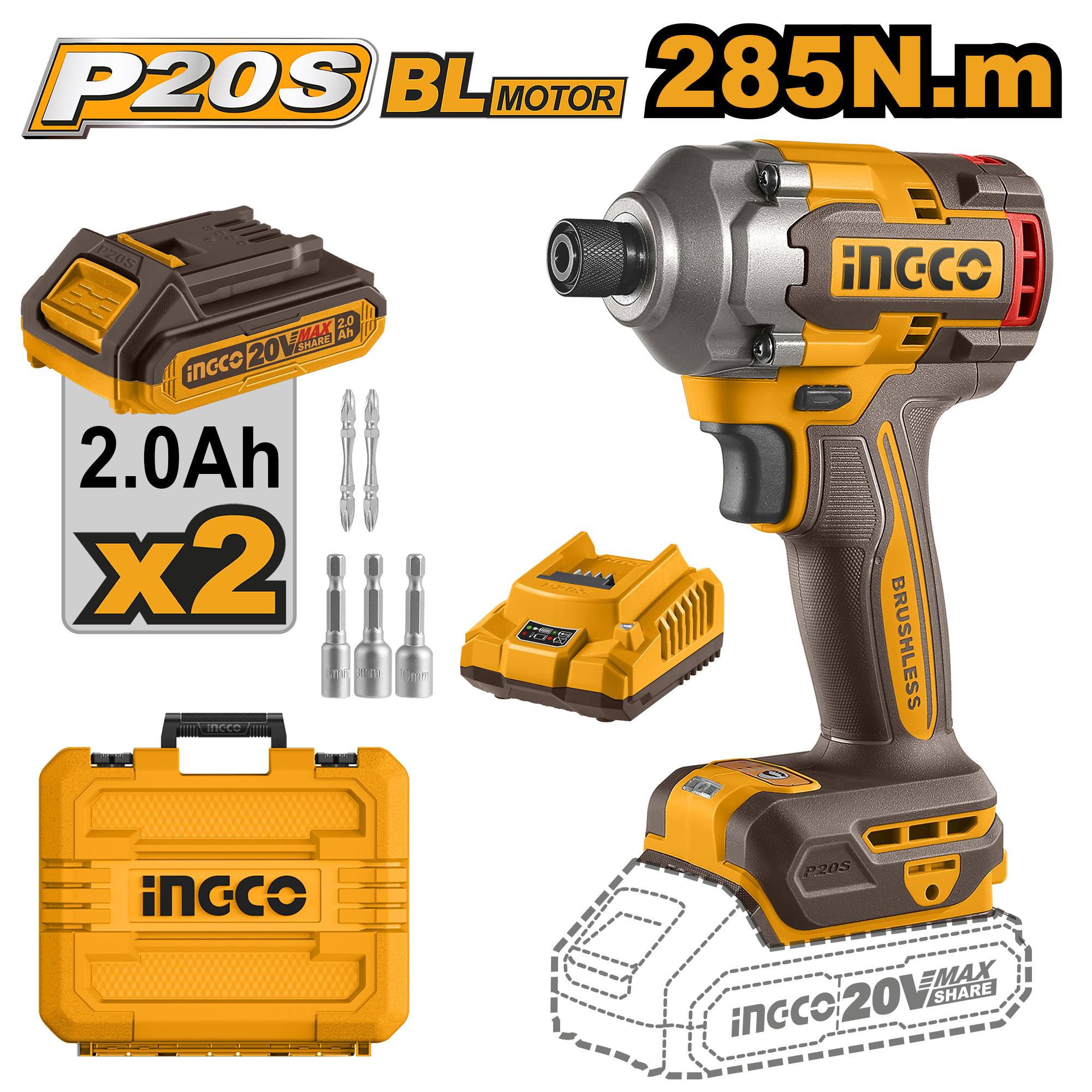 INGCO DRIVER 285NM 20V PS+ C/L KIT 2 BATT