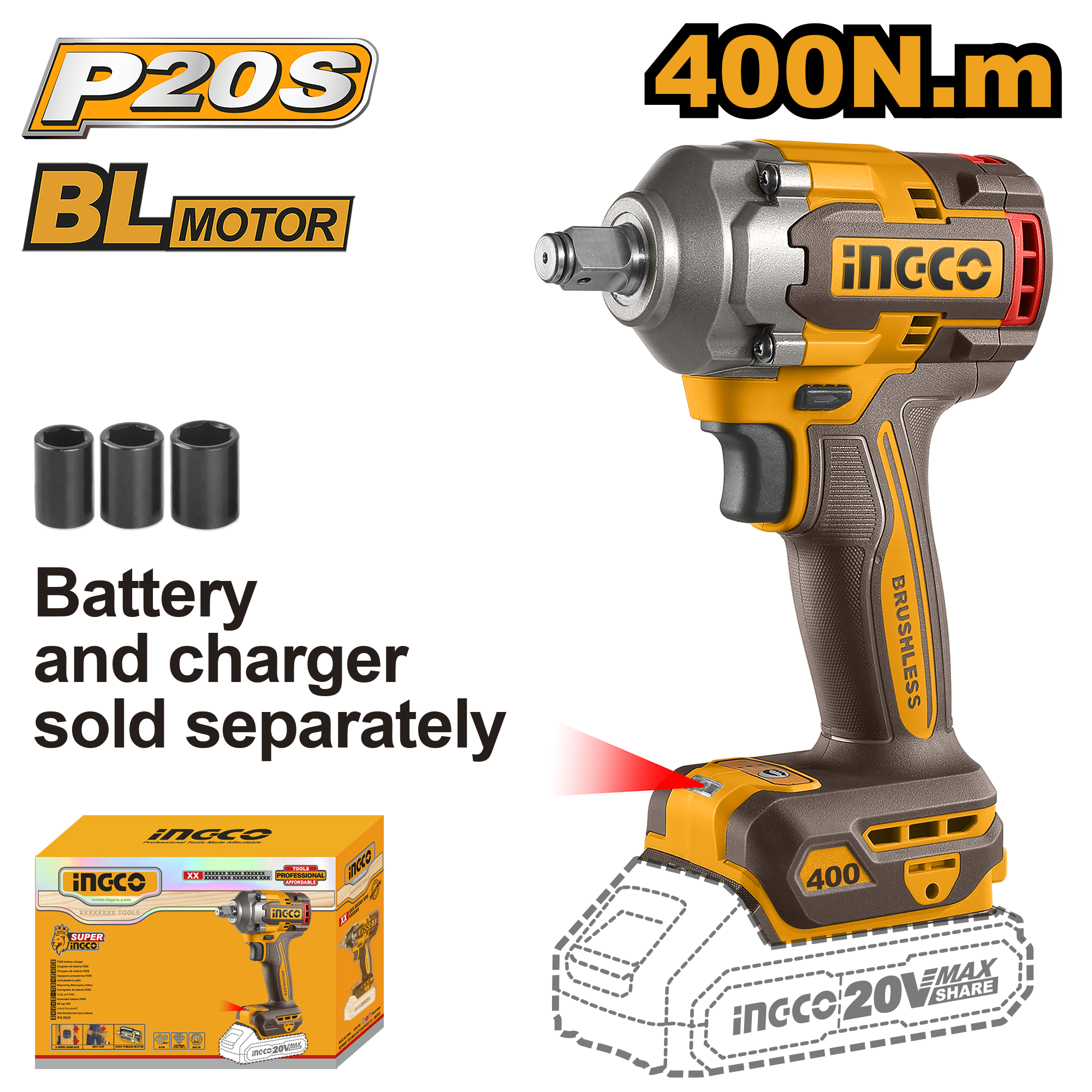 INGCO WRENCH 400NMV 20V PS+ C/L IMPACT B/LESS
