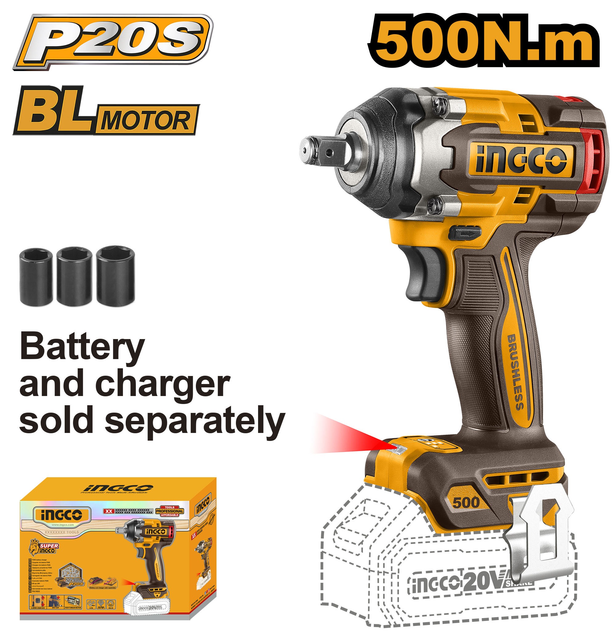 INGCO WRENCH 500NM 20V PS+ C/L IMPACT B/LESS