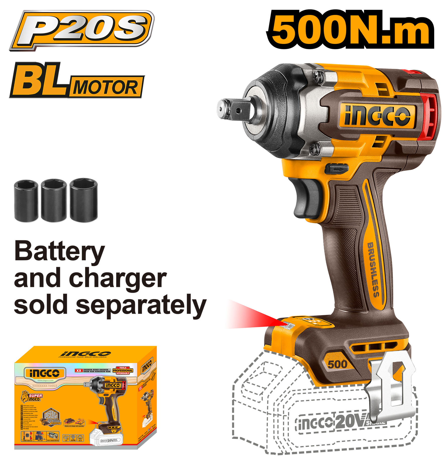 INGCO WRENCH 500NM 20V PS+ C/L IMPACT B/LESS