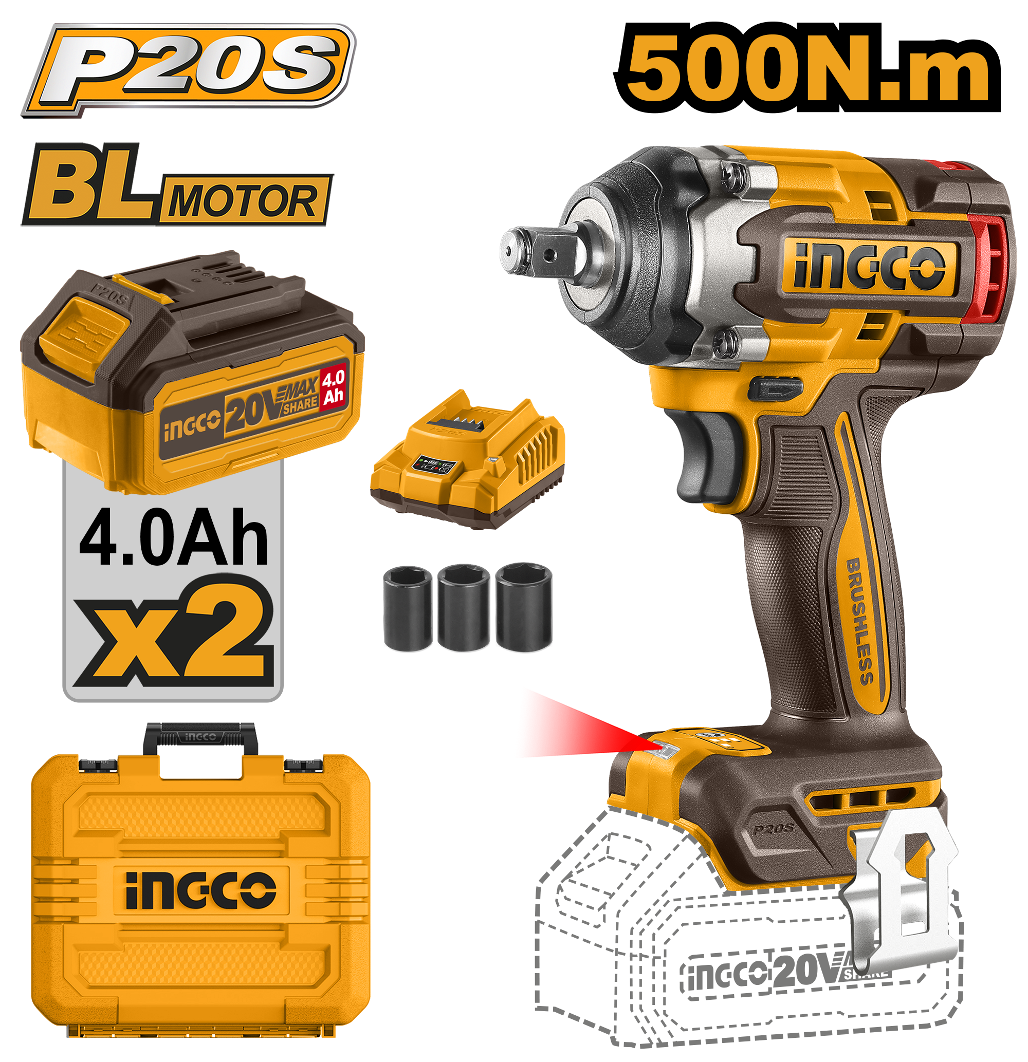 INGCO WRENCH 500NM 20V PS+ C/L IMPACT B/LESS KIT 2BAT