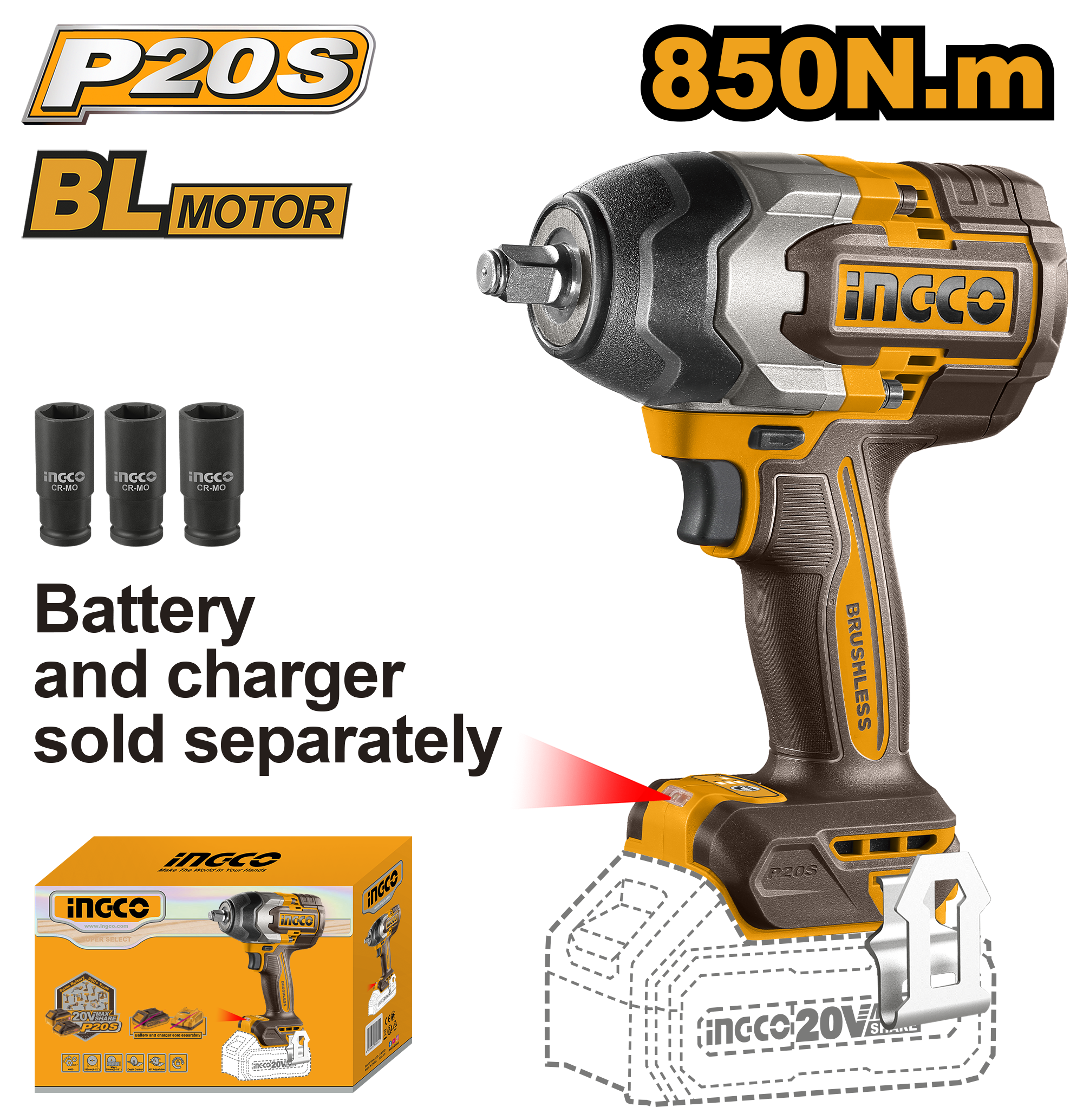 Ingco 20V 850NM Cordless and Brushless Impact Wrench