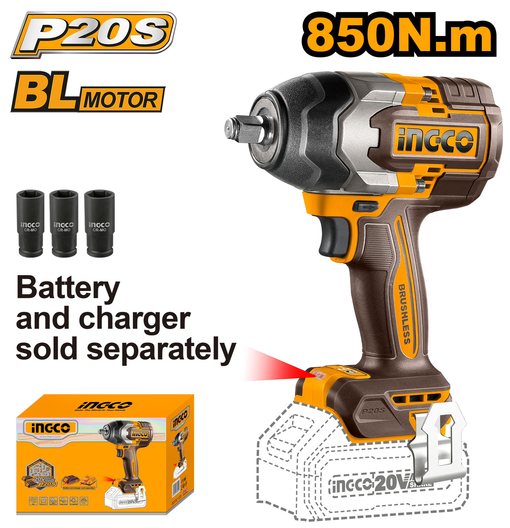 Ingco 20V 850NM Cordless and Brushless Impact Wrench