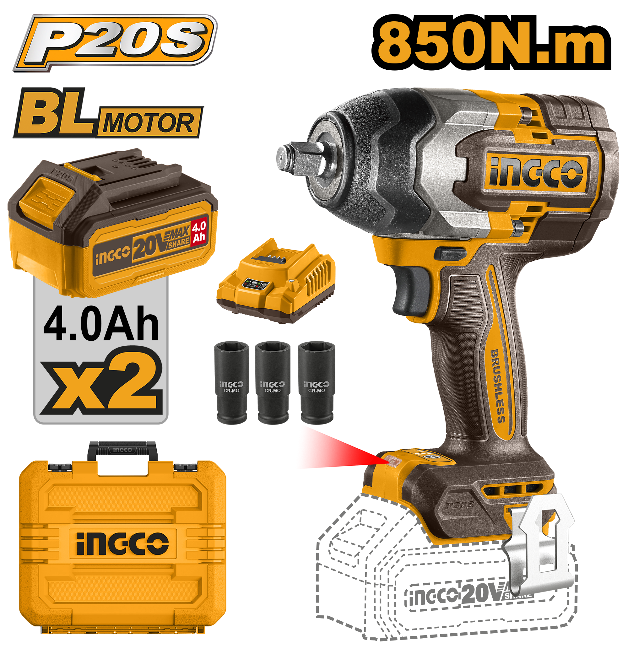 INGCO WRENCH 850NM 20V PS+ C/L IMPACT B/LESS KIT 2BAT