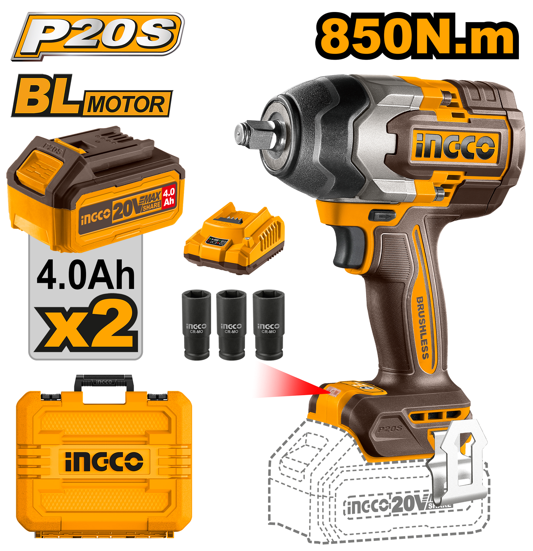 INGCO WRENCH 850NM 20V PS+ C/L IMPACT B/LESS KIT 2BAT