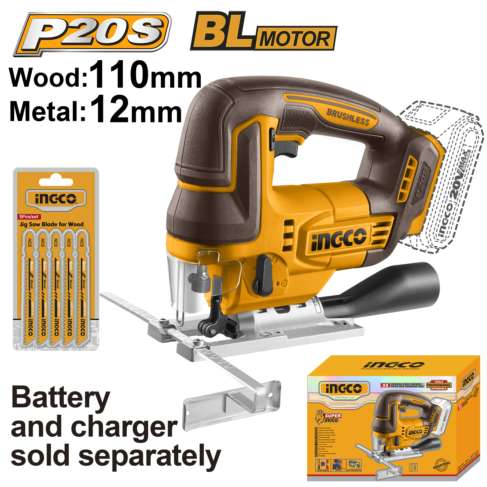 Ingco 20V Cordless 5P Blade Jigsaw