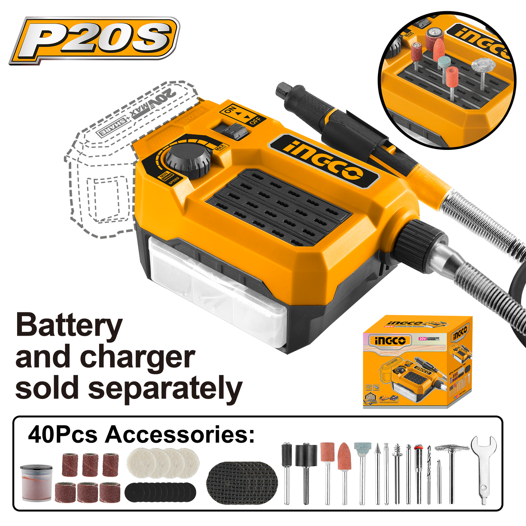 INGCO MINI GRINDER 20V PS+ C/L