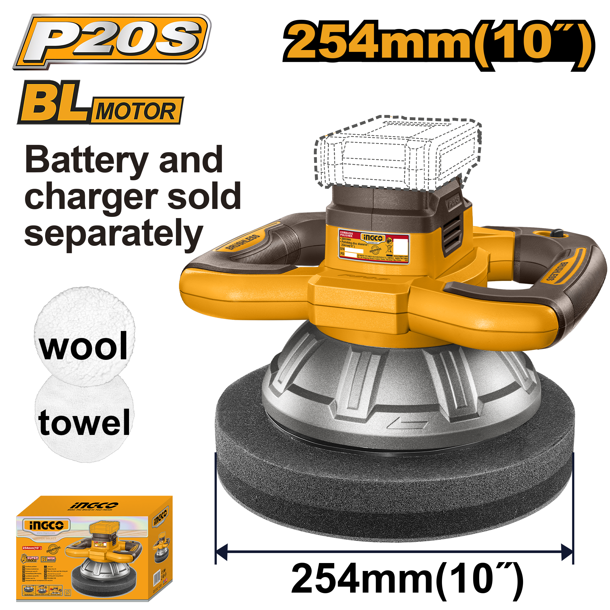 INGCO POLISHER 254MM 20V PS+ C/L B/L NO B/C BOX