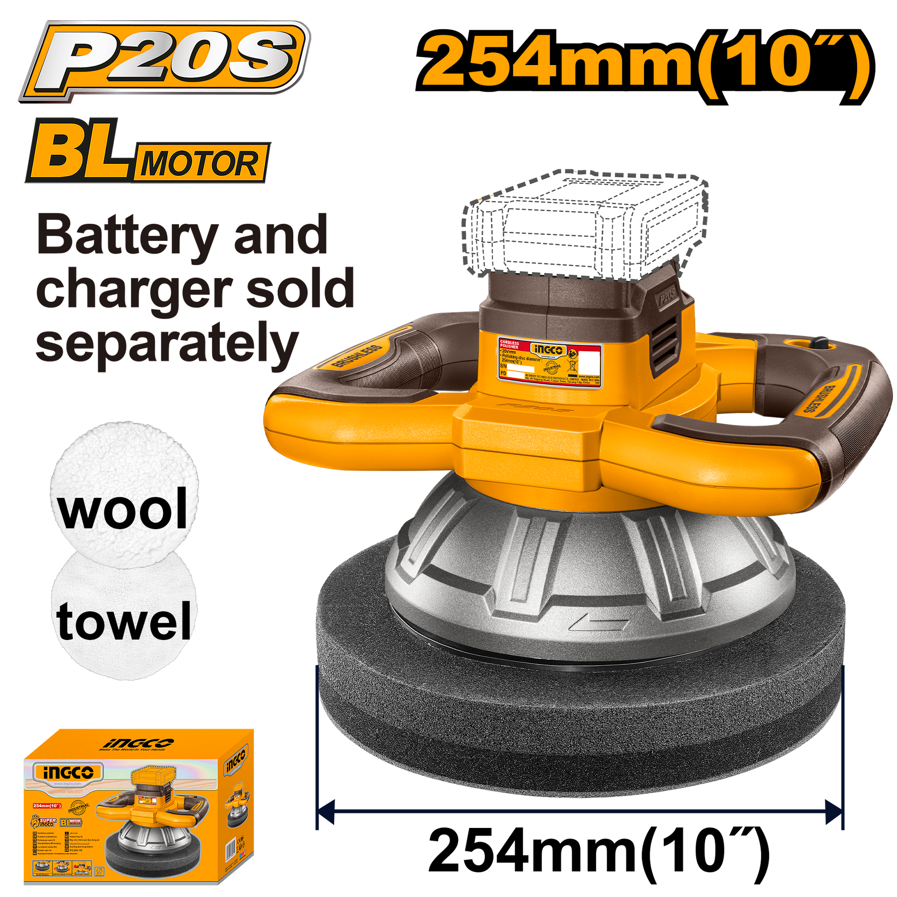 INGCO POLISHER 254MM 20V PS+ C/L B/L NO B/C BOX