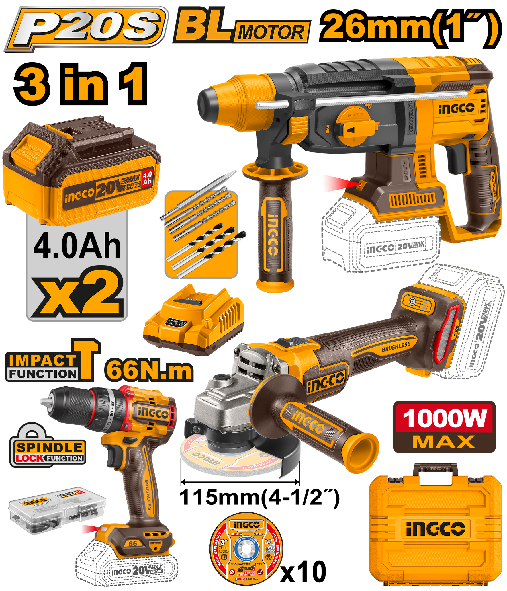 Ingco 3 in 1 Cordless 20V Power Tool Combo-Kit