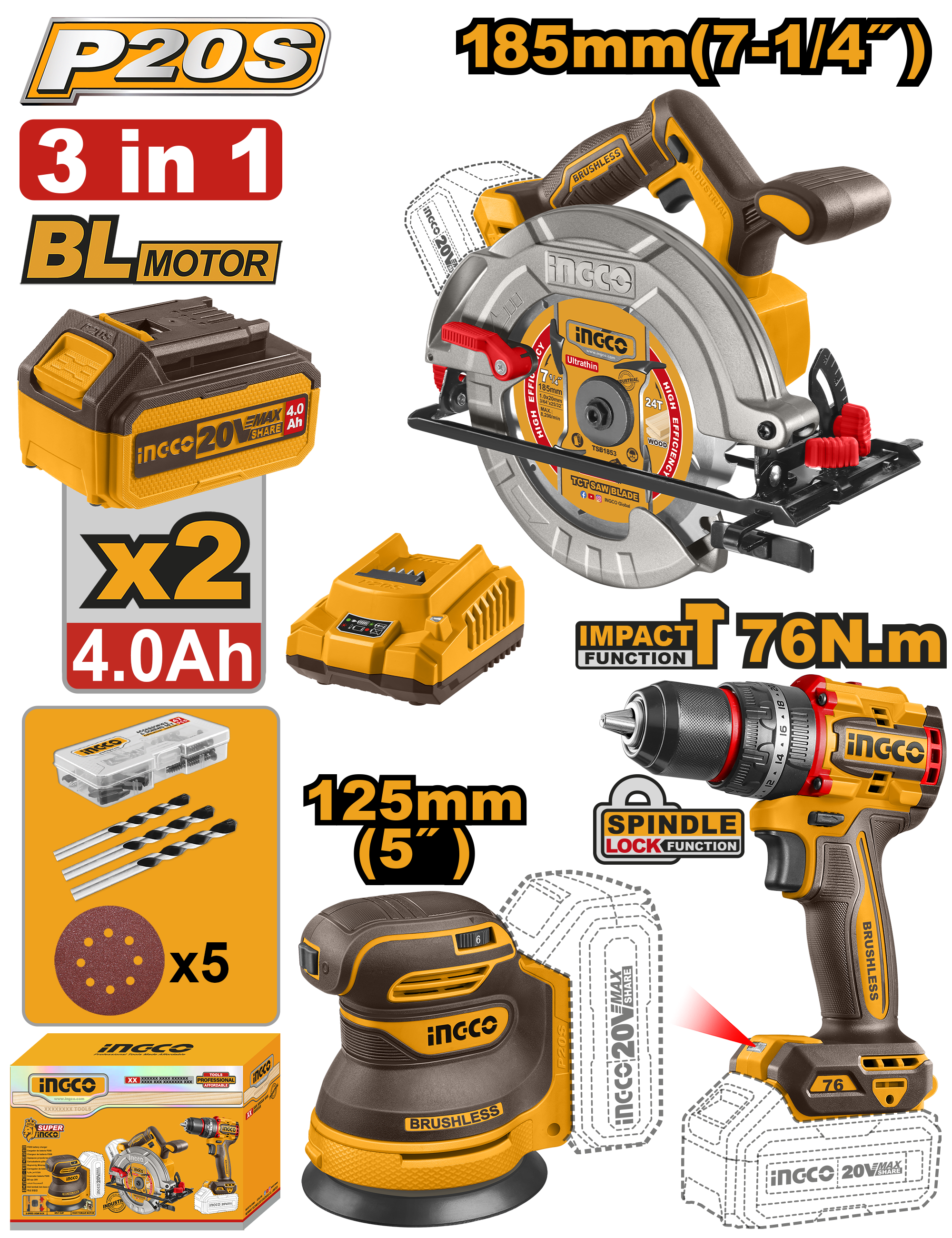 Ingco 3 in 1 20V Cordless Power Tool Combo-Kit