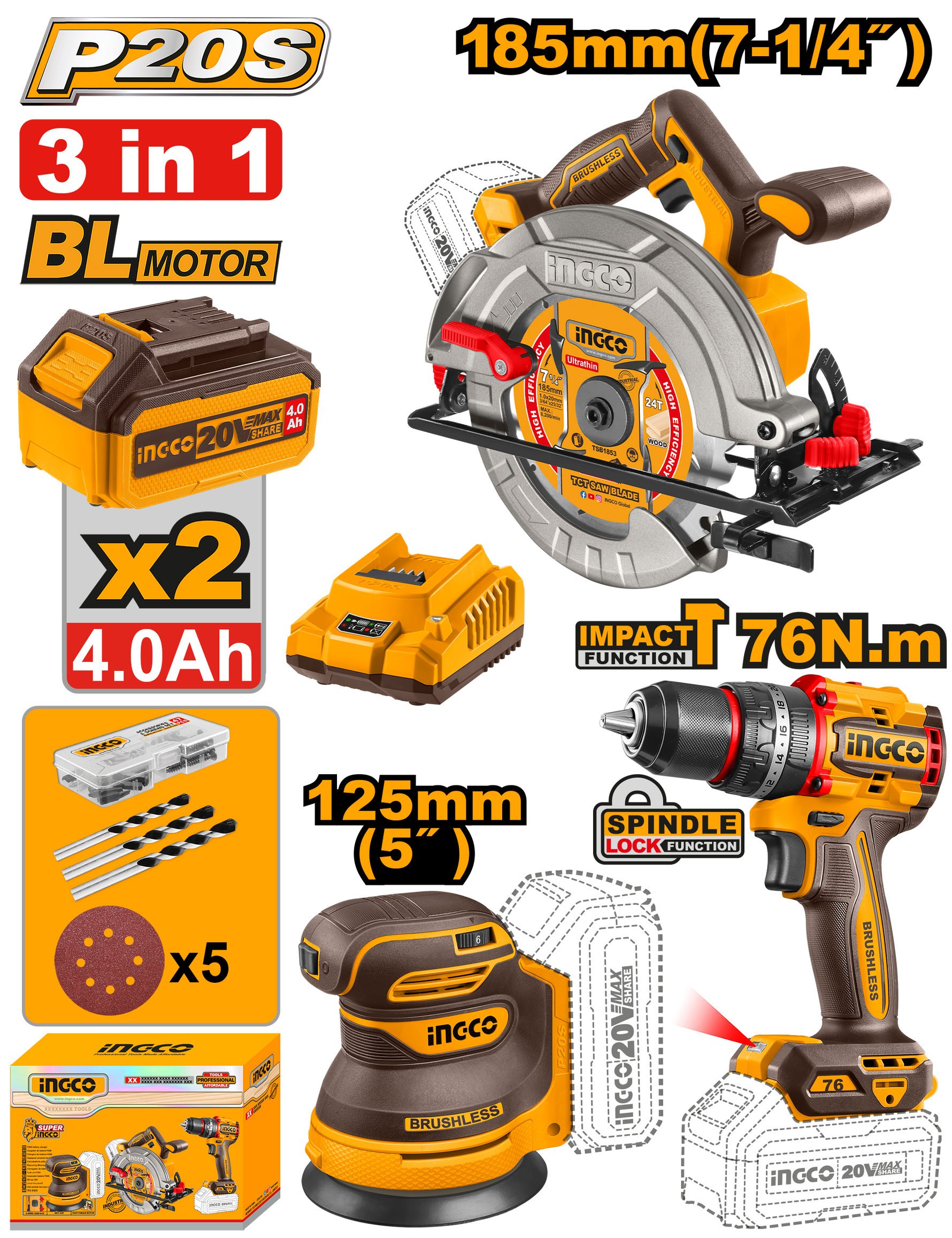 Ingco 3 in 1 20V Cordless Power Tool Combo-Kit