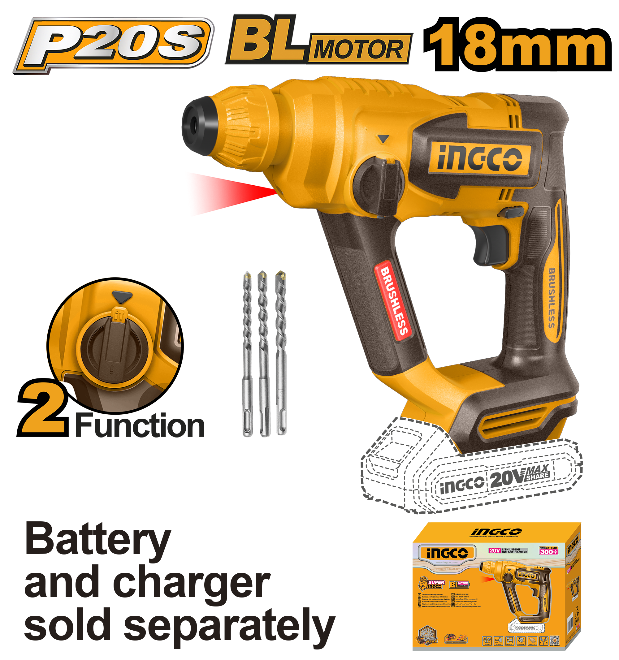 INGCO ROTARY HAMMER DRILL 20V PS+ C/L 1.8J +ACC