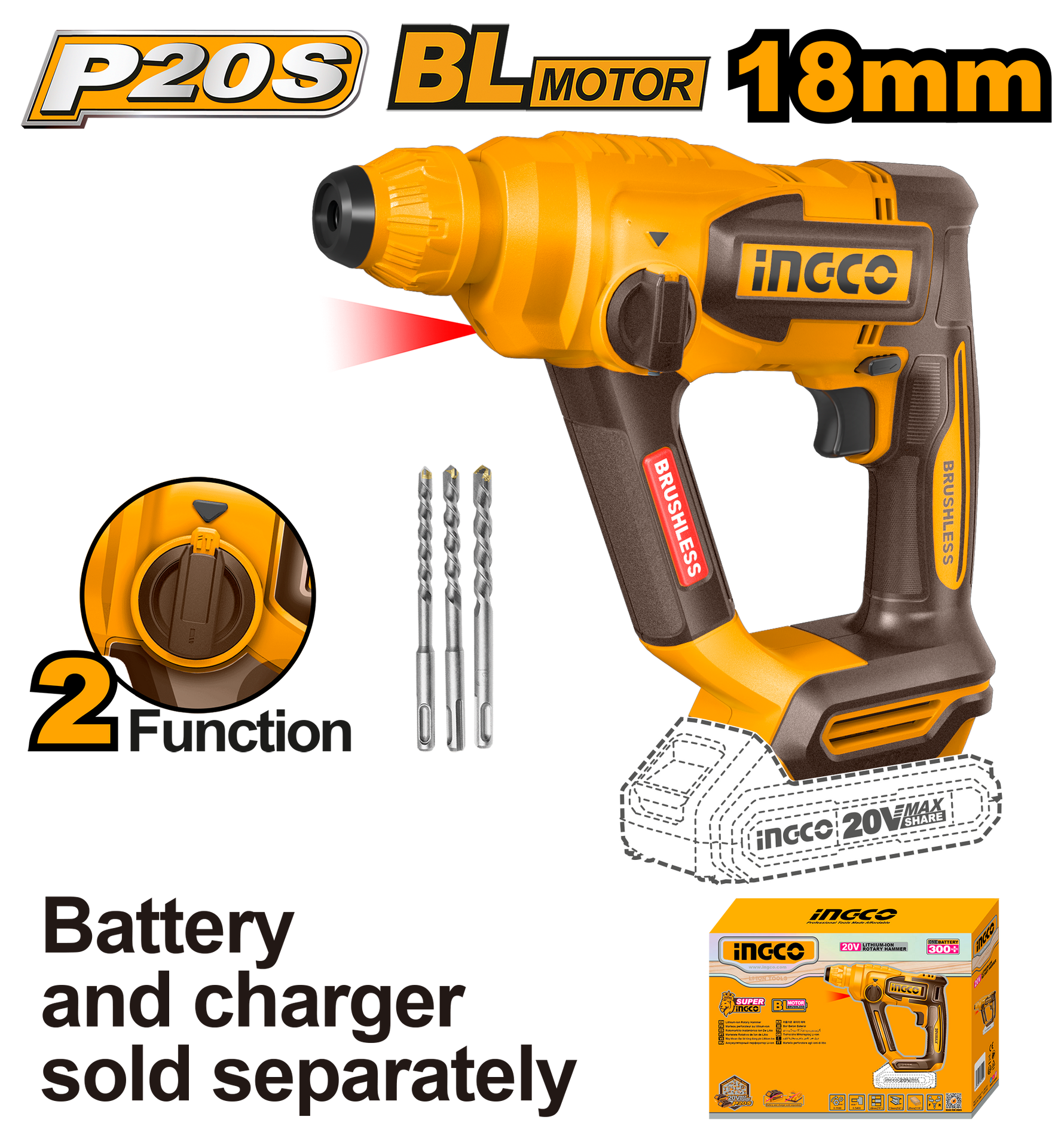 INGCO ROTARY HAMMER DRILL 20V PS+ C/L 1.8J +ACC