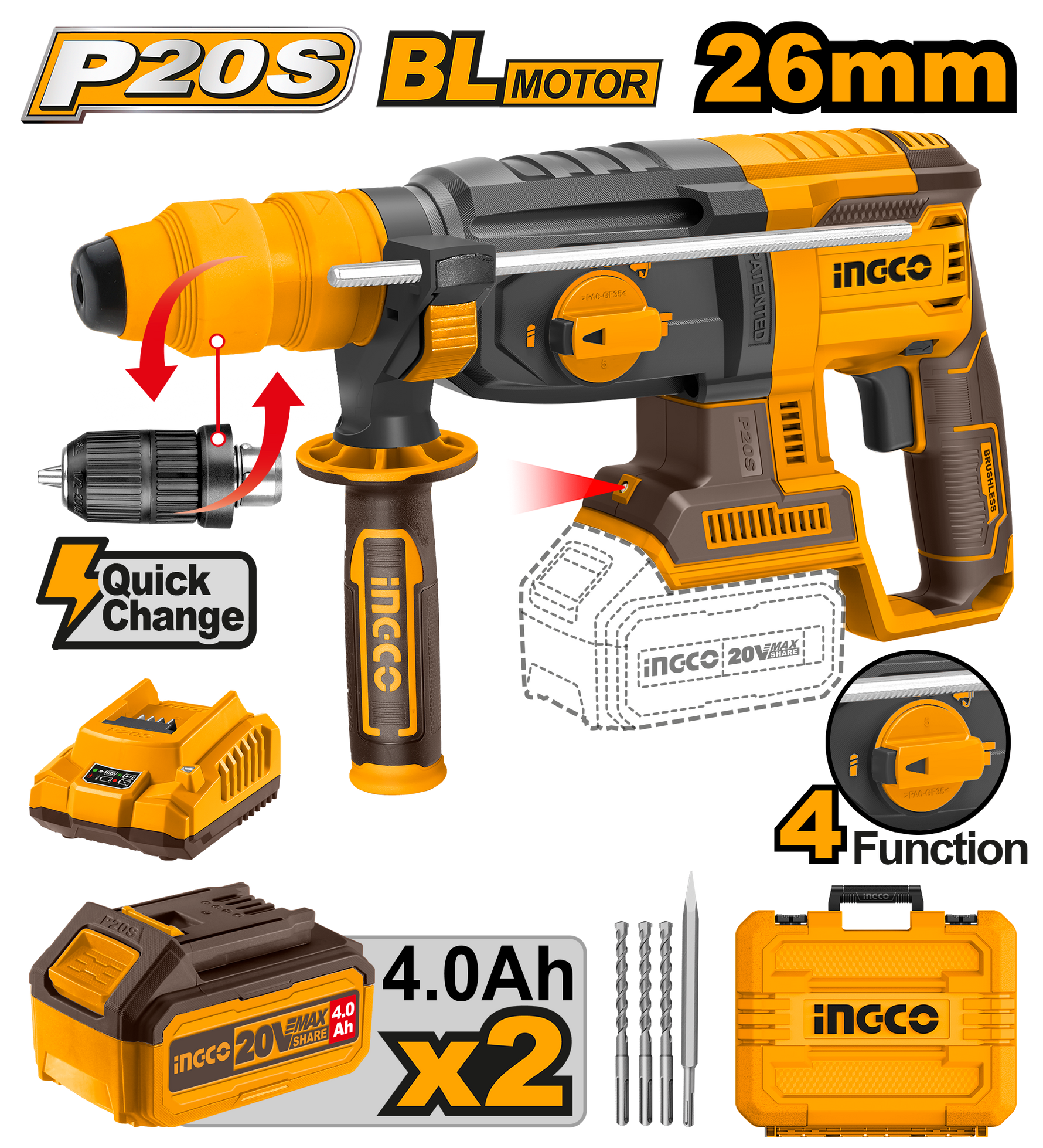 INGCO ROTARY HAMMER KIT 20V PS+