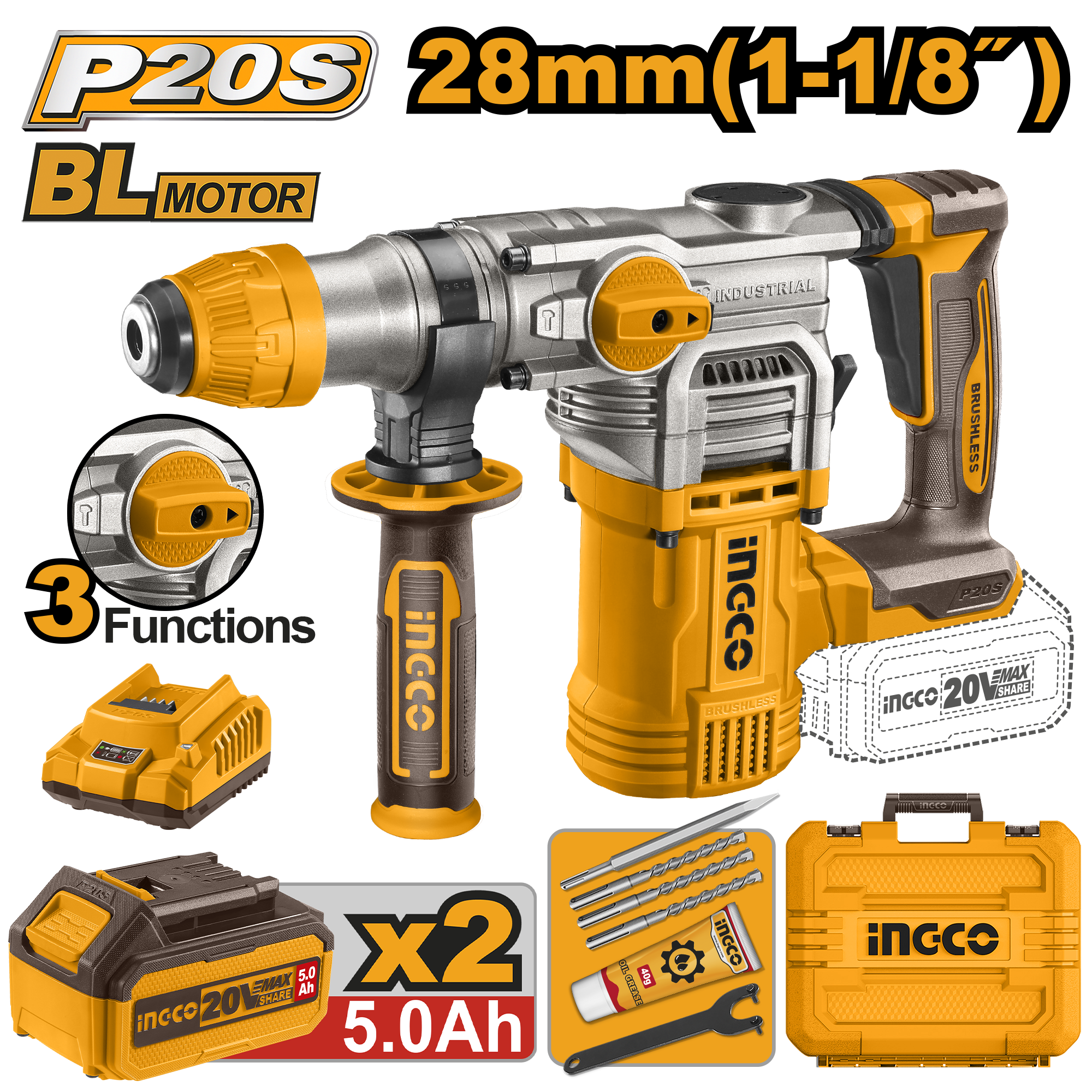 ROTARY HAMMER DRILL 20V PS+ C/L B/L+ACC 6PC BMC KIT 2BAT