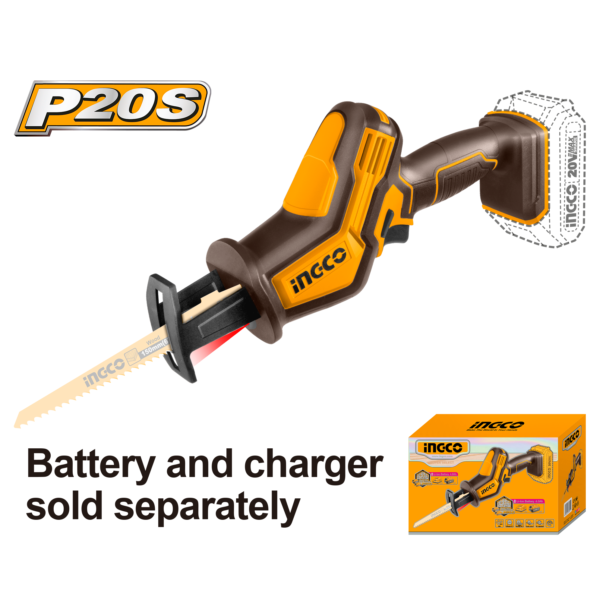 INGCO RECIPROCATING SAW 20V PS+ C/L