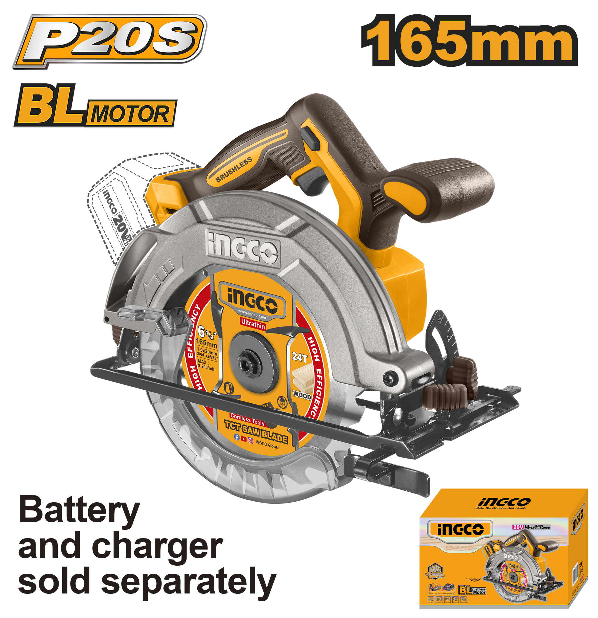 Ingco 20V 165MM Cordless Circular Saw